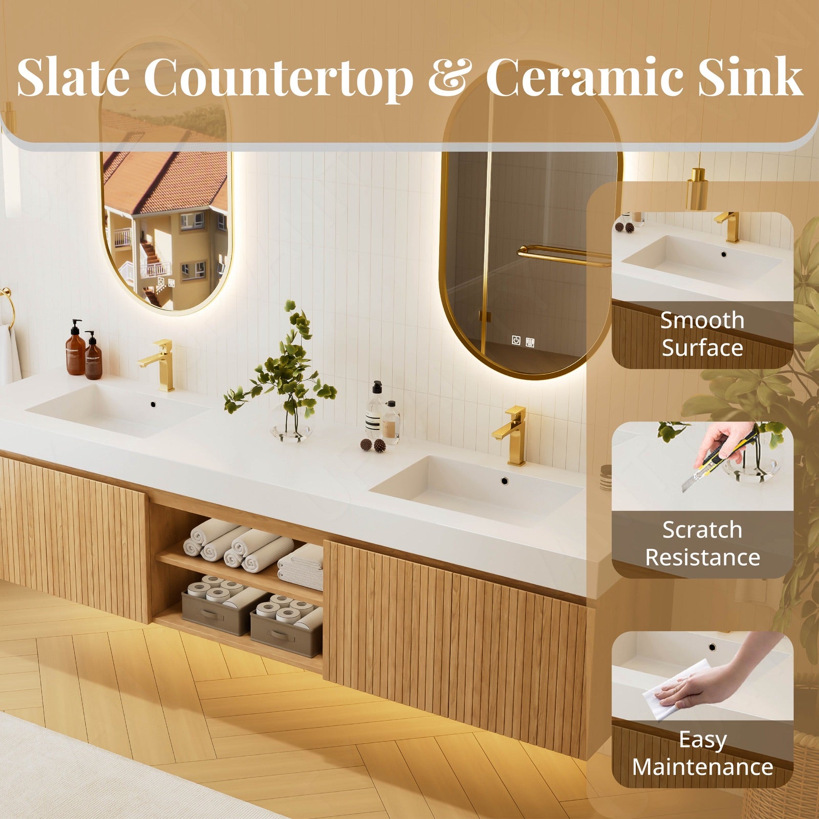 Modern Bath Vanity Set, Natural, Fluted Panel, 72"-104", Double, Floating, Open Storage, Dual Smart LED Mirror