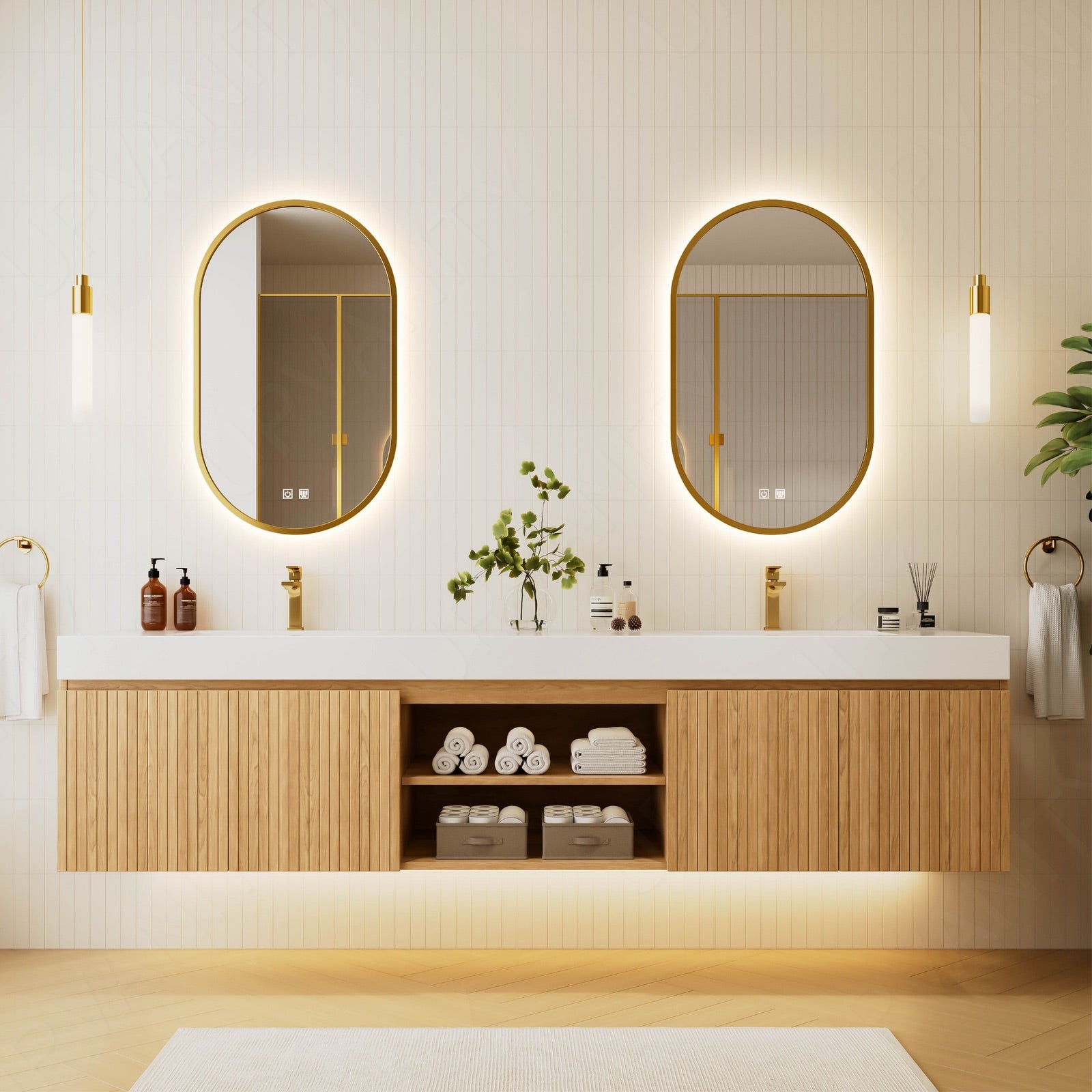 Modern Bath Vanity Set, Brown, Marble Textured Top, 56"-78", Double, Floating, Irregular Smart LED Mirror