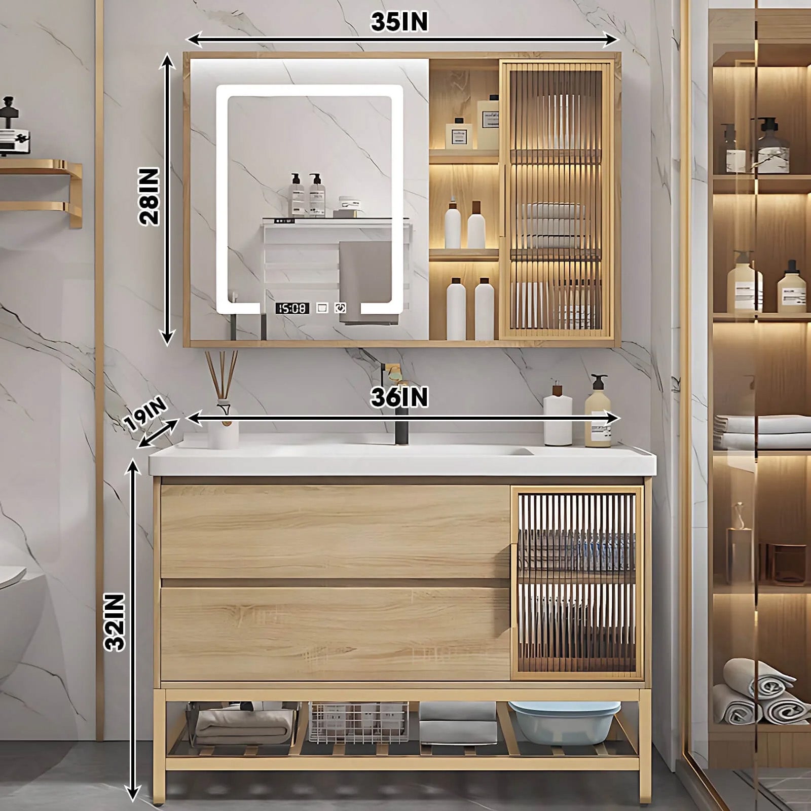 Modern Bath Vanity Set, Natural, Glass Door, 36"- 48", Single, Freestanding, Smart LED Mirror, Rear and Side Cabinets