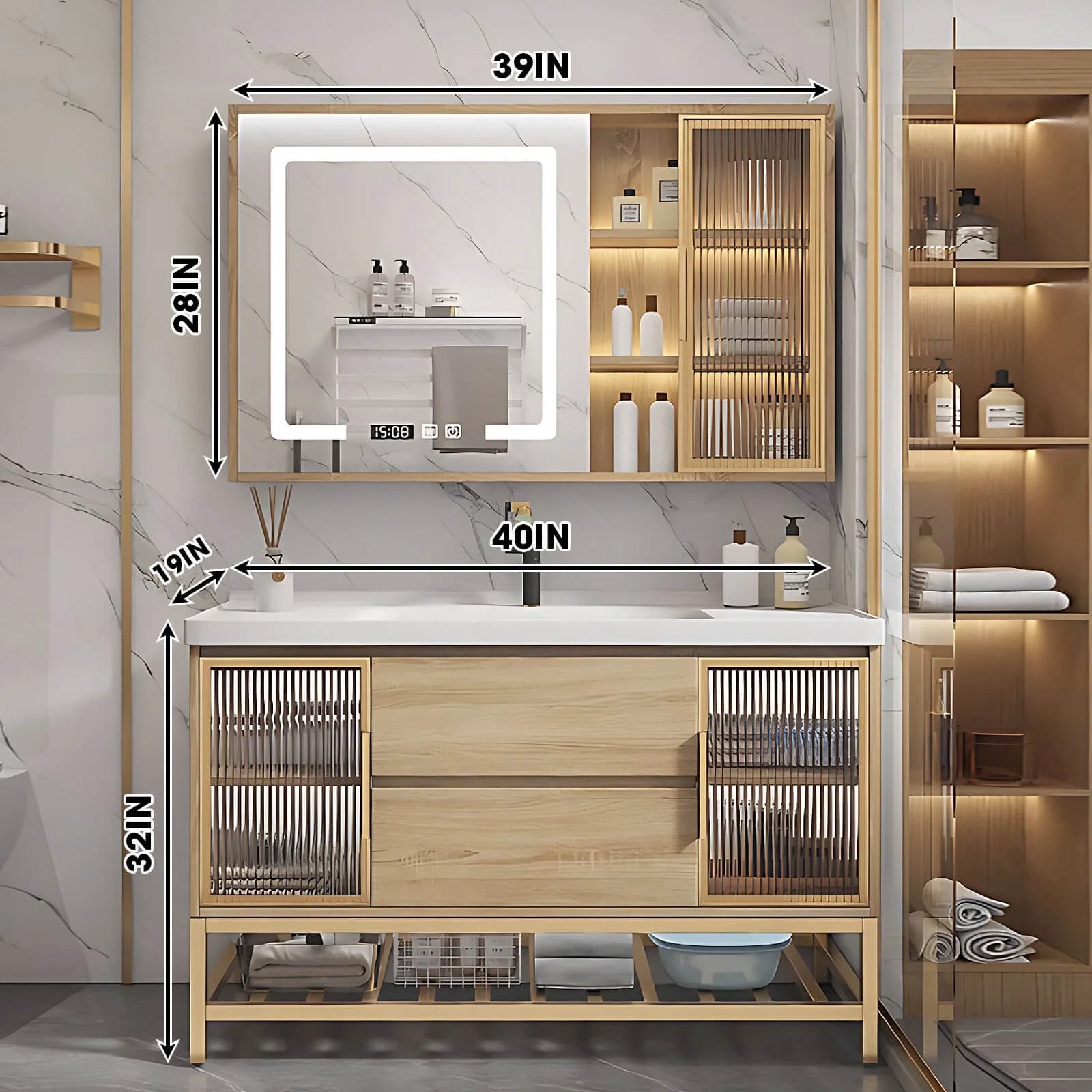Modern Bath Vanity Set, Natural, Glass Door, 36"- 48", Single, Freestanding, Smart LED Mirror, Rear and Side Cabinets