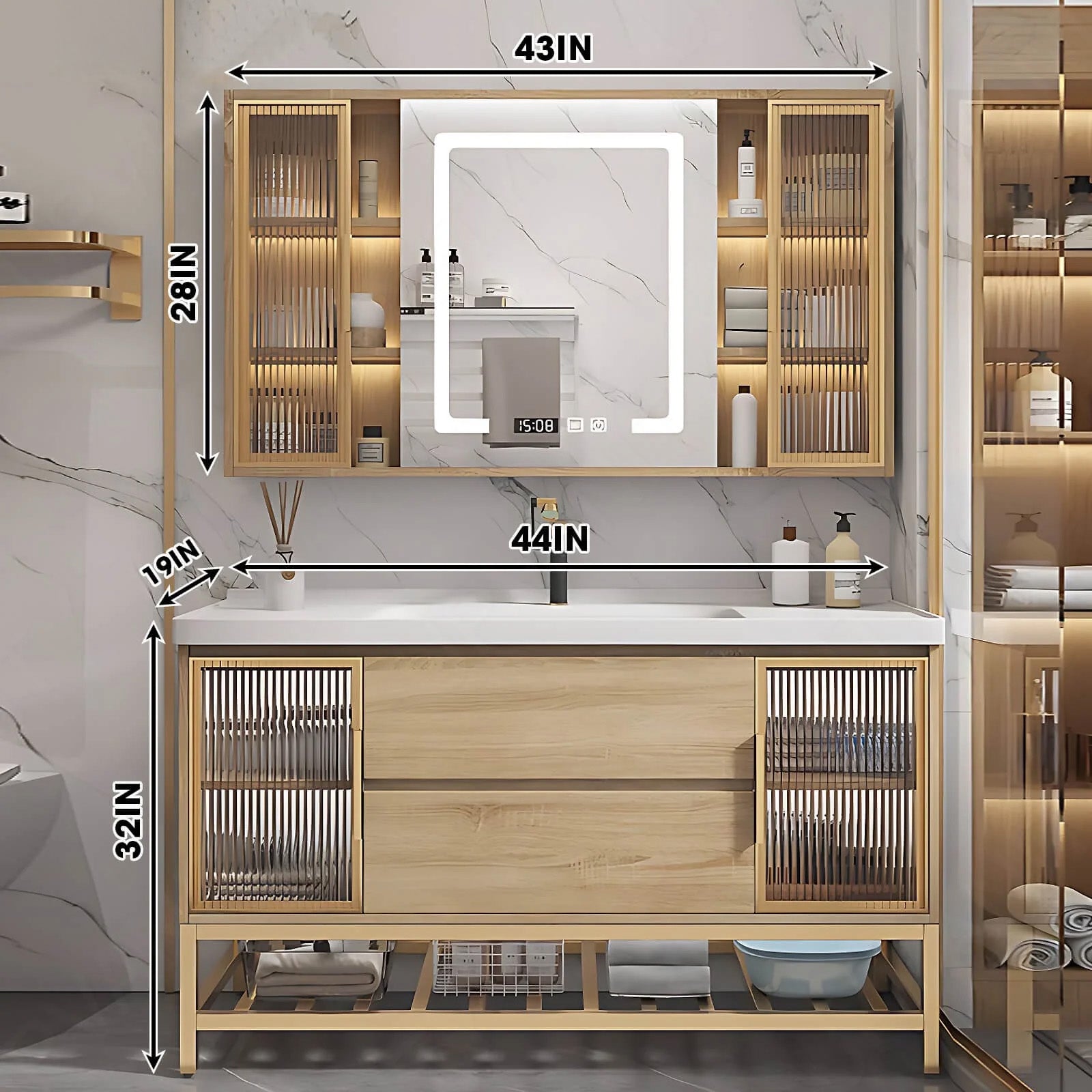 Modern Bath Vanity Set, Natural, Glass Door, 36"- 48", Single, Freestanding, Smart LED Mirror, Rear and Side Cabinets