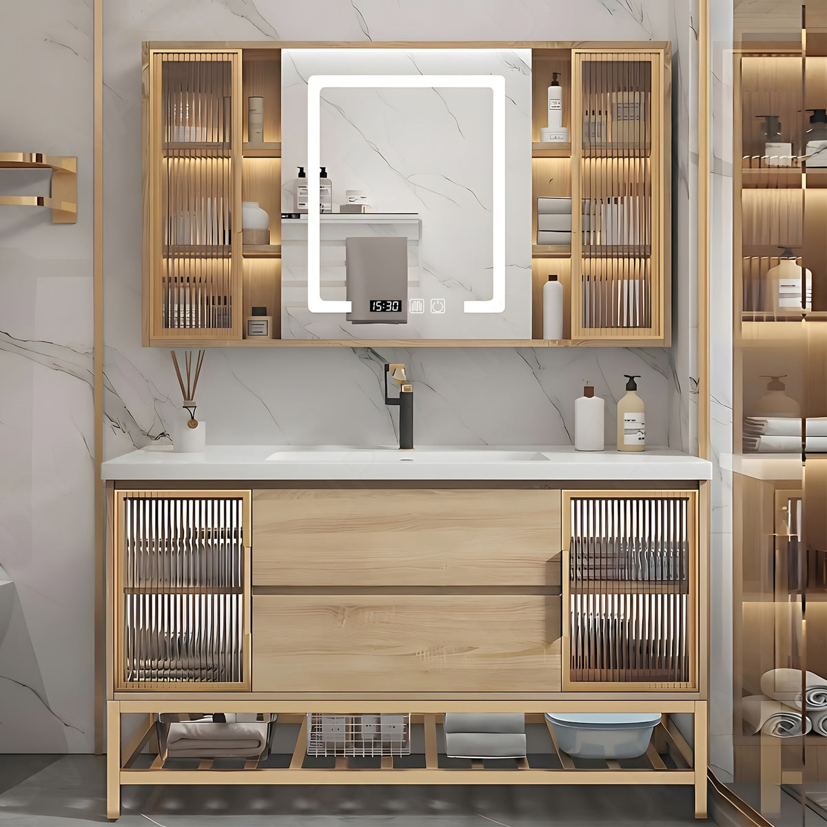 Modern Bath Vanity Set, Natural, Glass Door, 36"- 48", Single, Freestanding, Smart LED Mirror, Rear and Side Cabinets