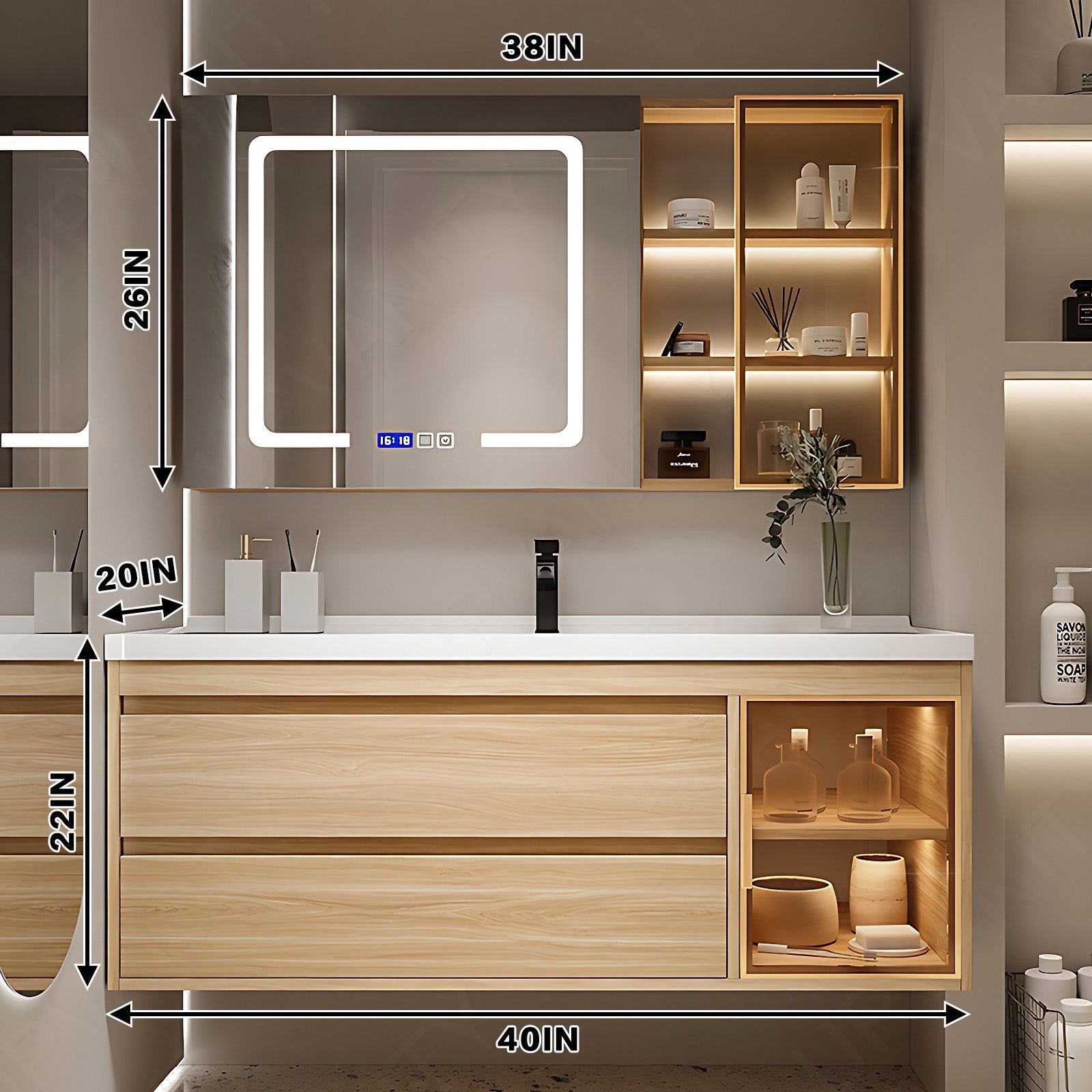 Modern Bath Vanity Set, Natural, Glass Door, 40"- 44", Single, Floating, Smart LED Mirror, Side and Rear Cabinet