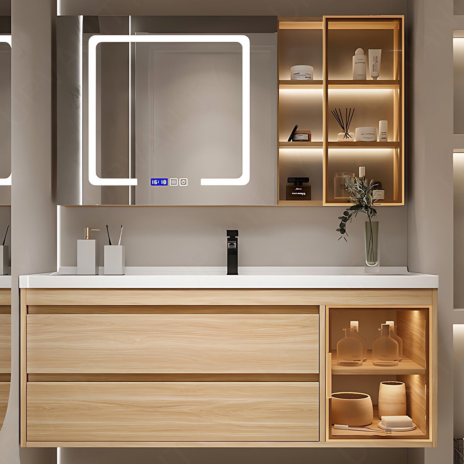 Modern Bath Vanity Set, Natural, Glass Door, 40"- 44", Single, Floating, Smart LED Mirror, Side and Rear Cabinet