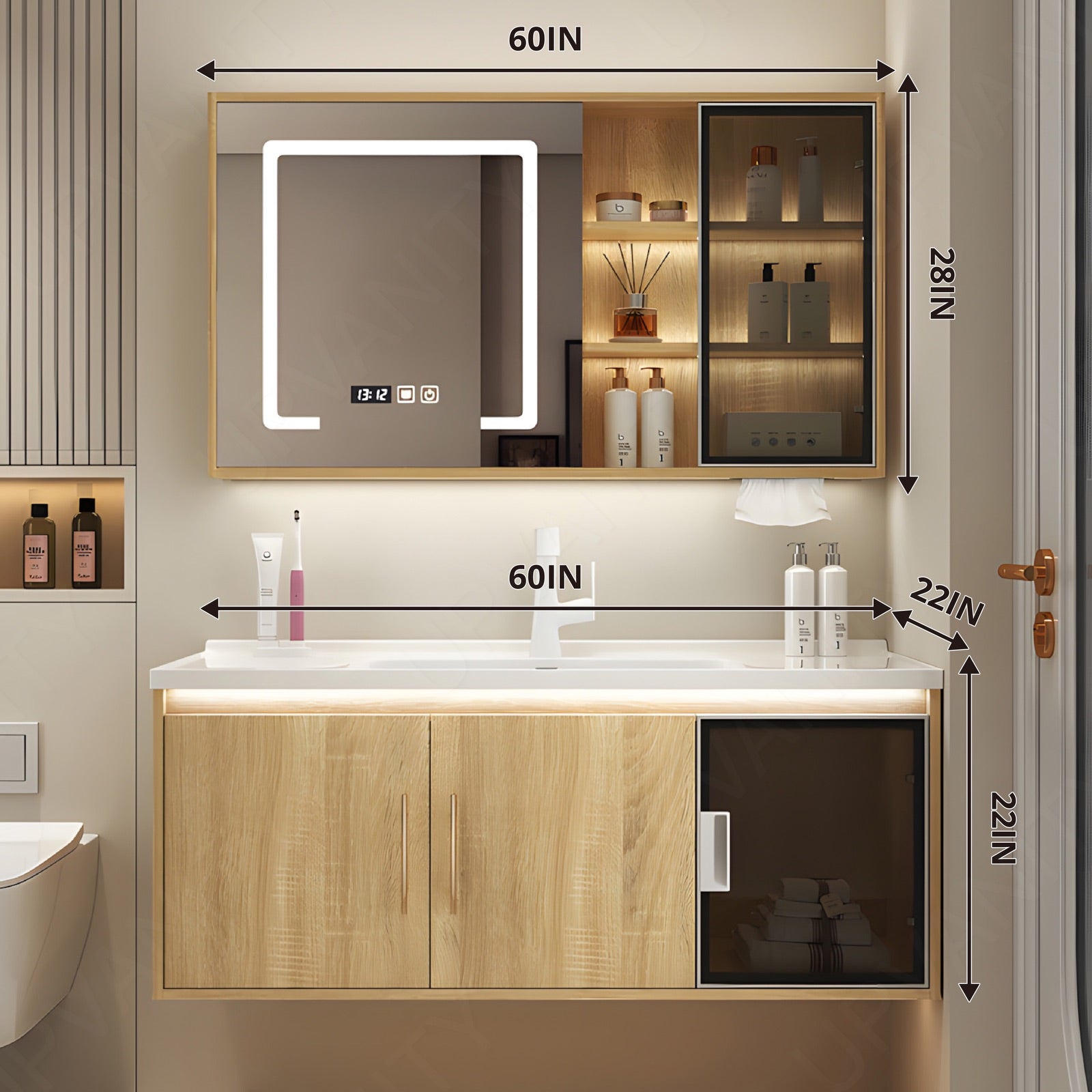 Modern Bath Vanity Set, Natural, Glass Door, 40"-64", Single, Floating, Sensor Light, Smart LED Mirror, Side/Rear Cabinet