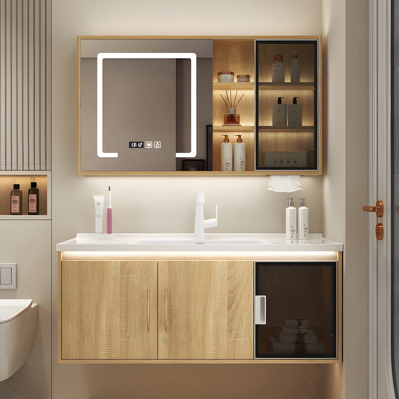 Modern Bath Vanity Set, Natural, Glass Door, 40"-64", Single, Floating, Sensor Light, Smart LED Mirror, Side/Rear Cabinet