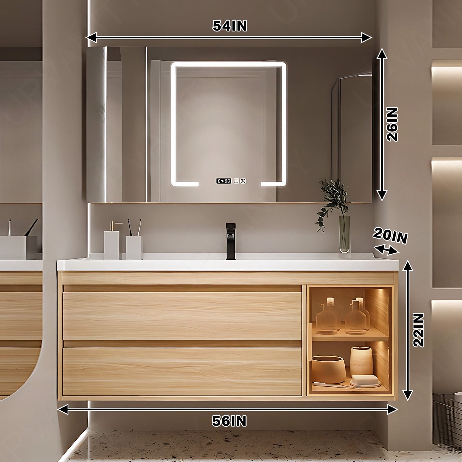 Modern Bath Vanity Set, Natural, Glass Door, 40"- 64", Single, Floating, Smart LED Mirror, Rear Cabinet