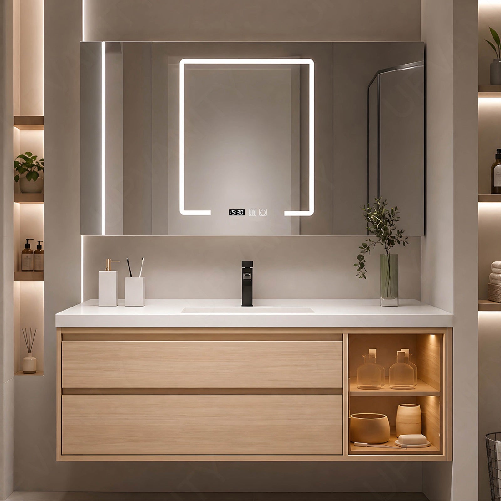 Modern Bath Vanity Set, Natural, Glass Door, 40"- 64", Single, Floating, Smart LED Mirror, Rear Cabinet