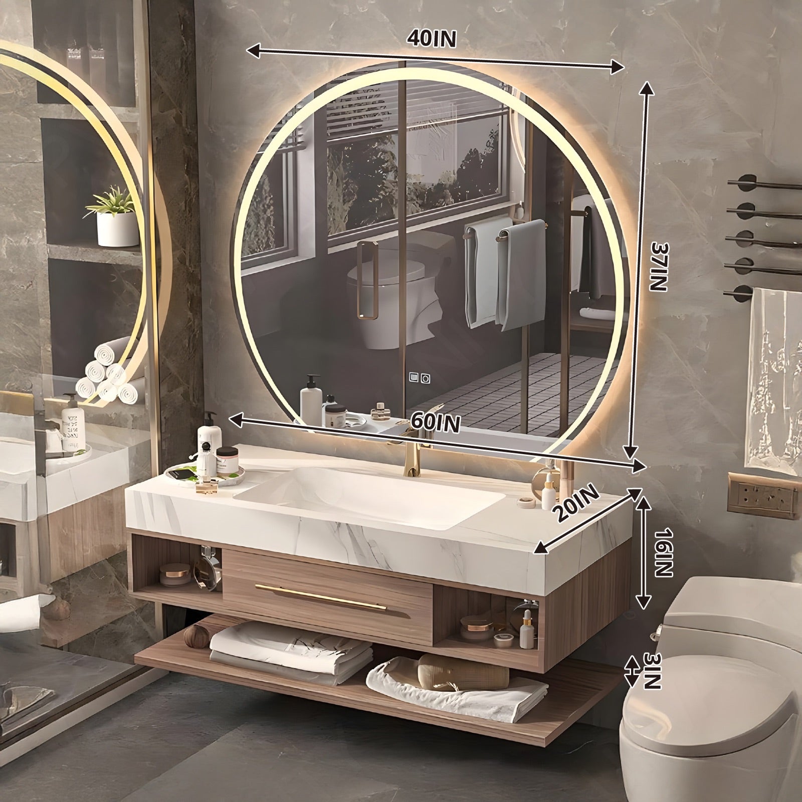 Modern Bath Vanity Set, Natural, Gold Accents, 40"-60", Single, Floating, Open Storage, Round Smart LED Mirror