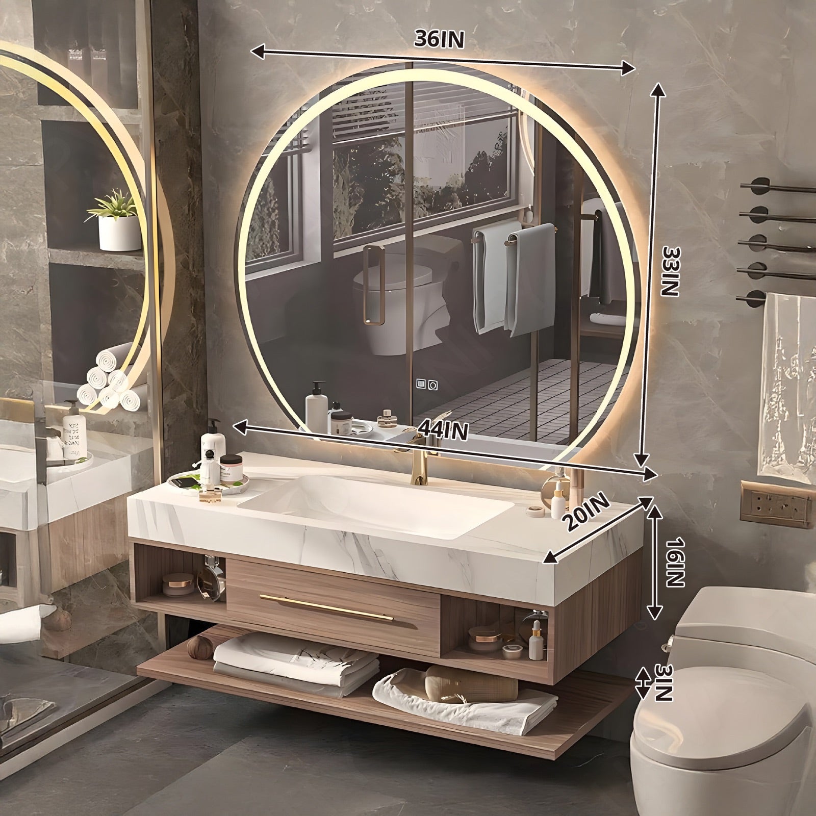 Modern Bath Vanity Set, Natural, Gold Accents, 40"-60", Single, Floating, Open Storage, Round Smart LED Mirror