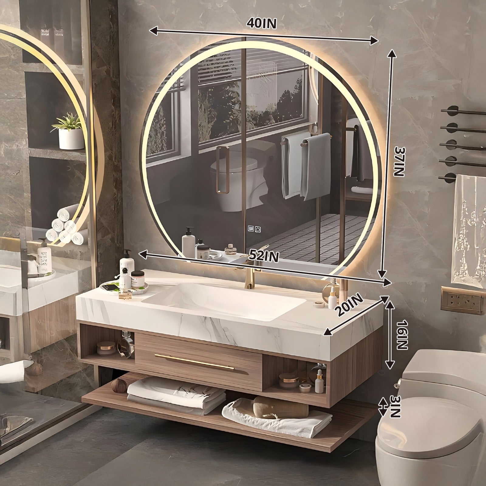 Modern Bath Vanity Set, Natural, Gold Accents, 40"-60", Single, Floating, Open Storage, Round Smart LED Mirror