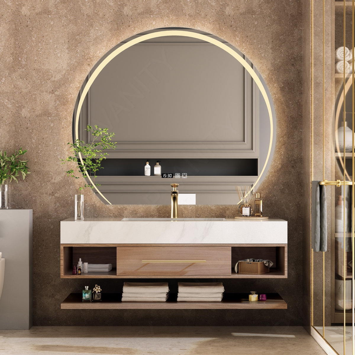 Modern Bath Vanity Set, Natural, Gold Accents, 40"-60", Single, Floating, Open Storage, Round Smart LED Mirror