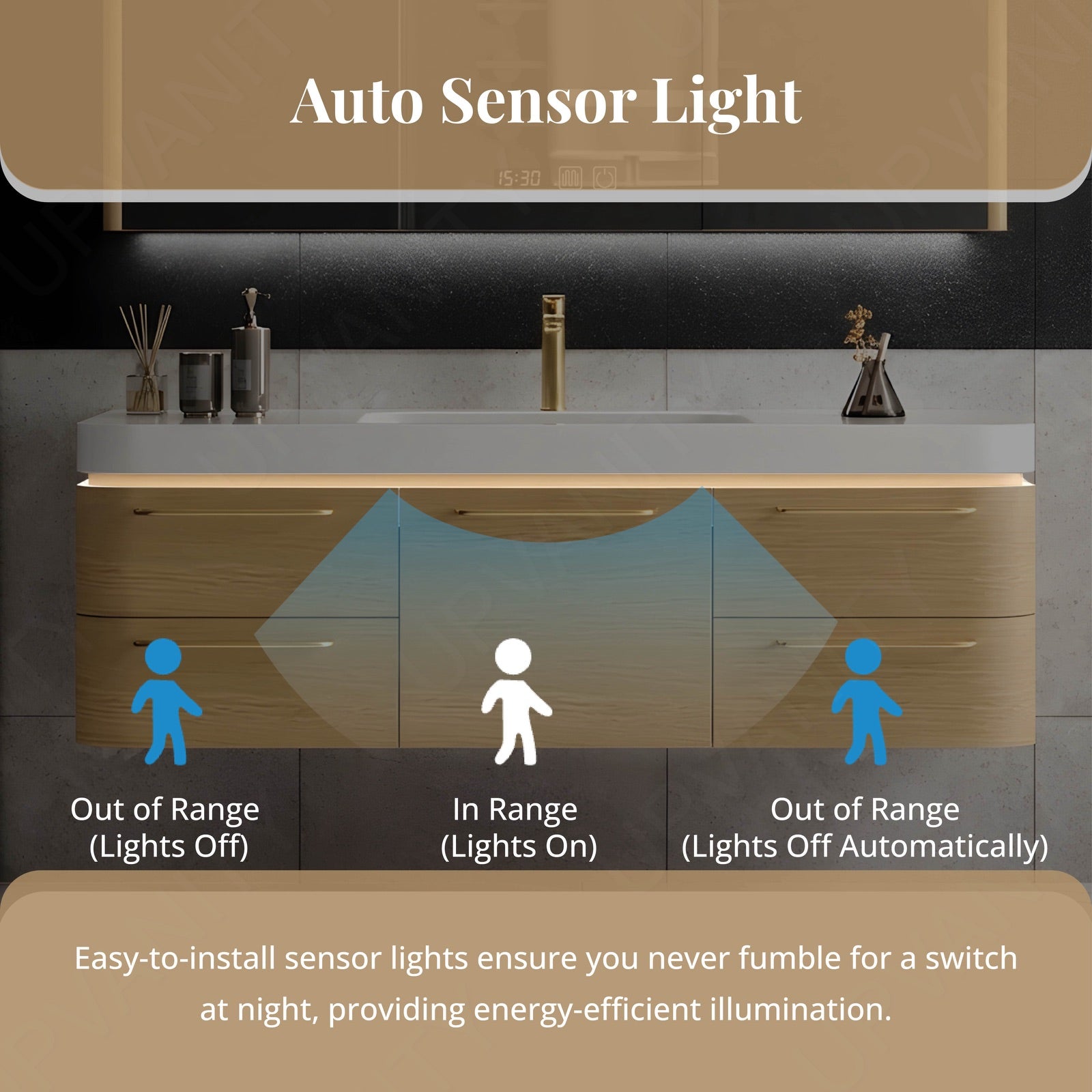 Modern Bath Vanity Set, Natural , Gold Accents, 40"-64", Single, Floating, Smart LED Mirror, Rear Cabinet, Sensor Light