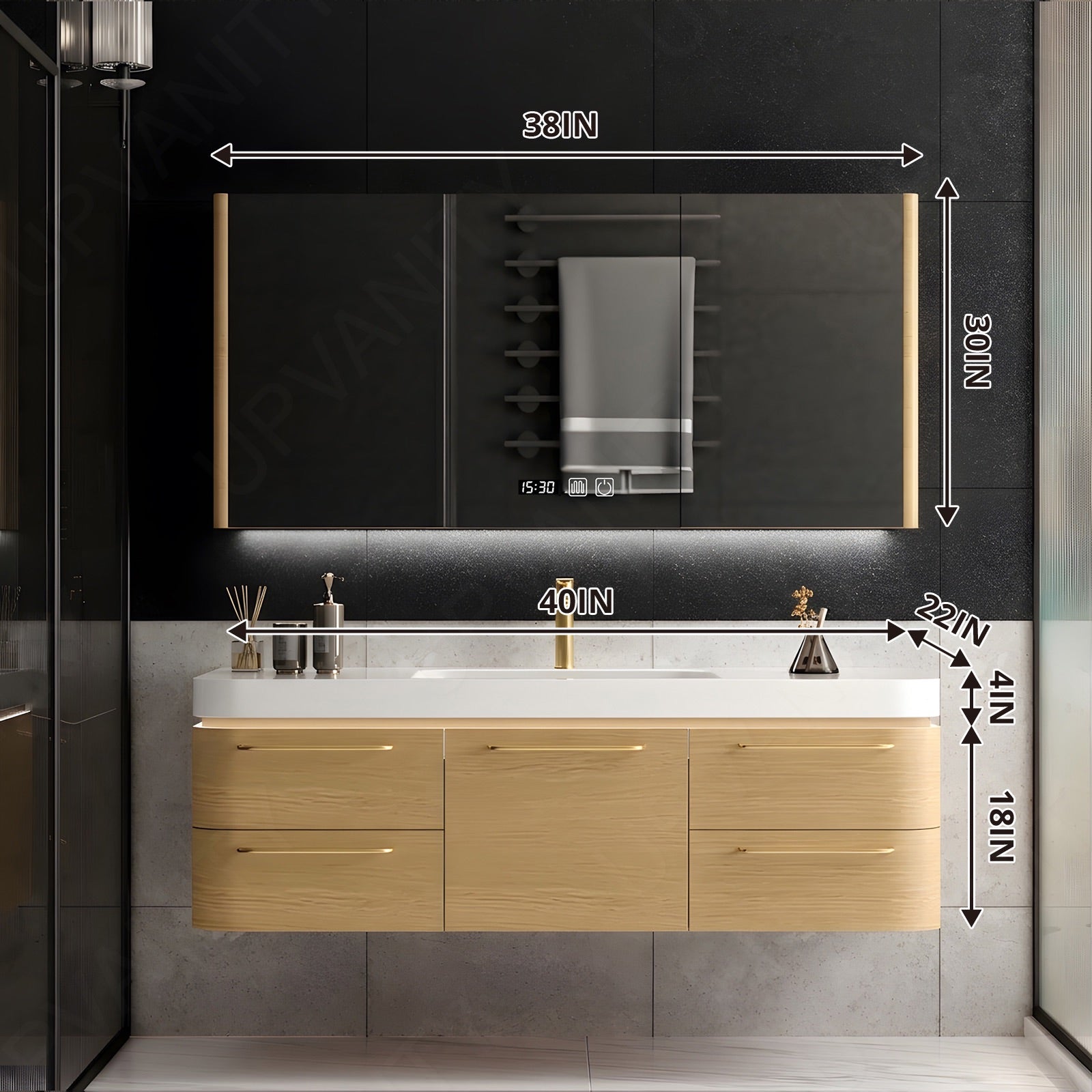 Modern Bath Vanity Set, Natural , Gold Accents, 40"-64", Single, Floating, Smart LED Mirror, Rear Cabinet, Sensor Light