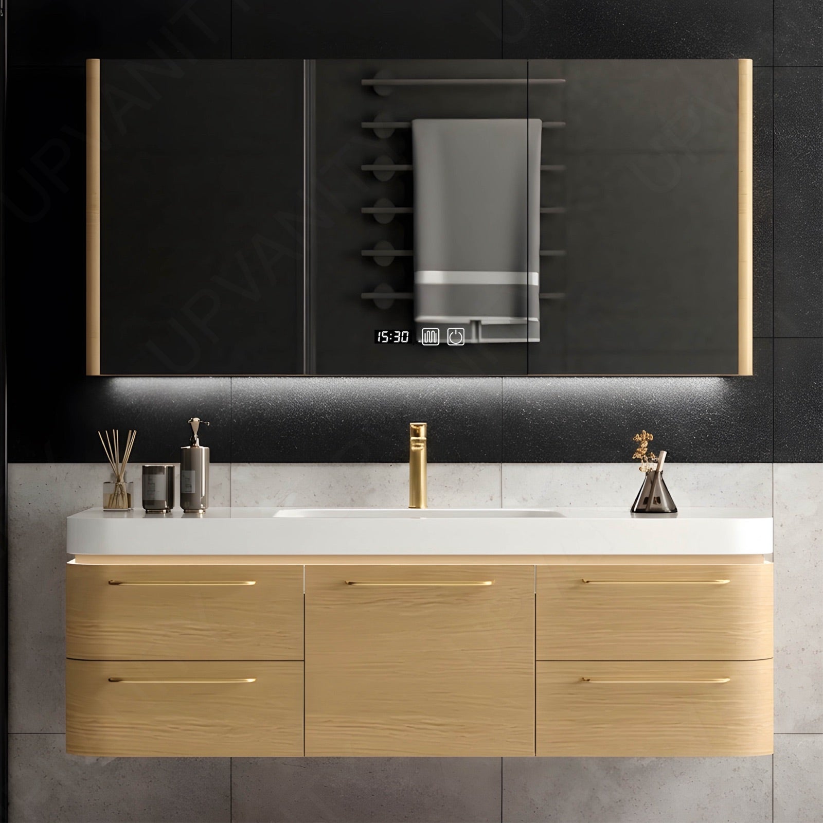 Modern Bath Vanity Set, Natural , Gold Accents, 40"-64", Single, Floating, Smart LED Mirror, Rear Cabinet, Sensor Light