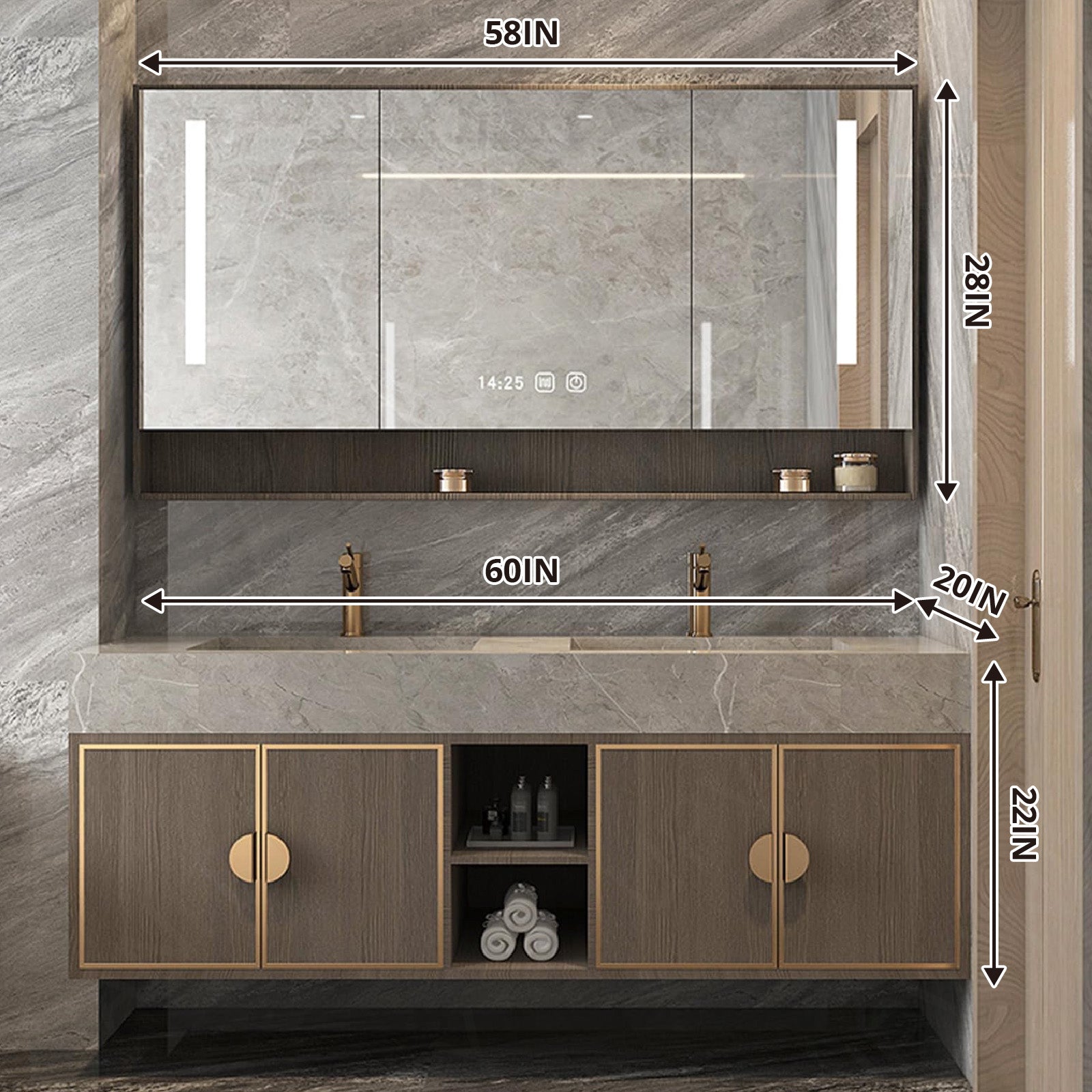 Modern Bath Vanity Set, Natural, Gray Marble Textured Top, 52"- 64", Double, Floating, Smart LED Mirror, Rear Cabinet