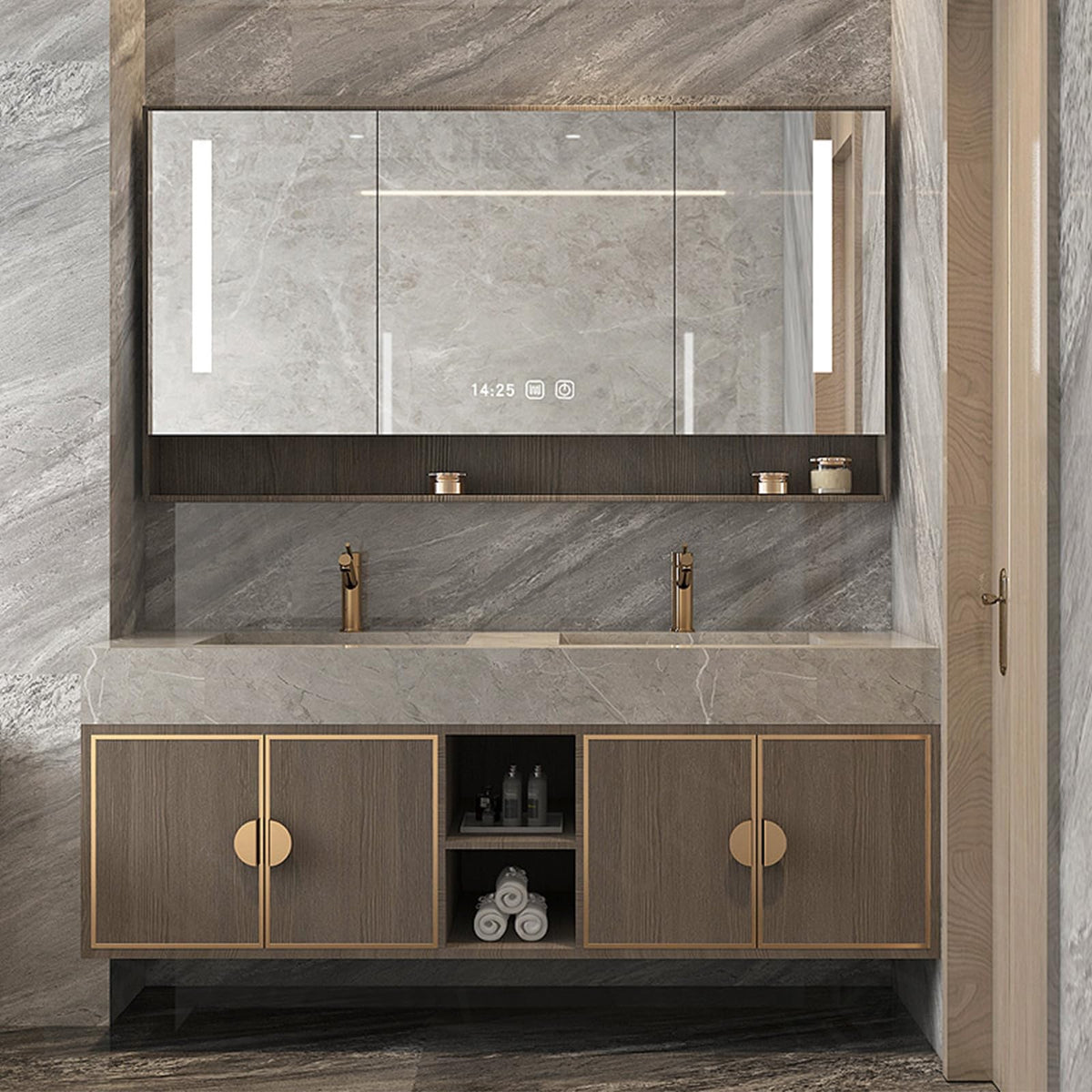 Modern Bath Vanity Set, Natural, Gray Marble Textured Top, 52"- 64", Double, Floating, Smart LED Mirror, Rear Cabinet