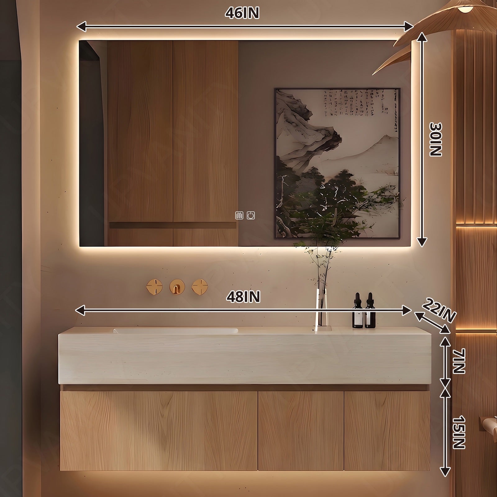 Modern Bath Vanity Set, Natural, Joint Beige Top, 32"-72", Single, Floating, Classic Panel, Smart LED Mirror