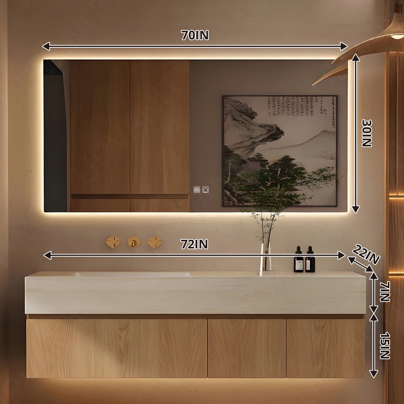 Modern Bath Vanity Set, Natural, Joint Beige Top, 32"-72", Single, Floating, Classic Panel, Smart LED Mirror