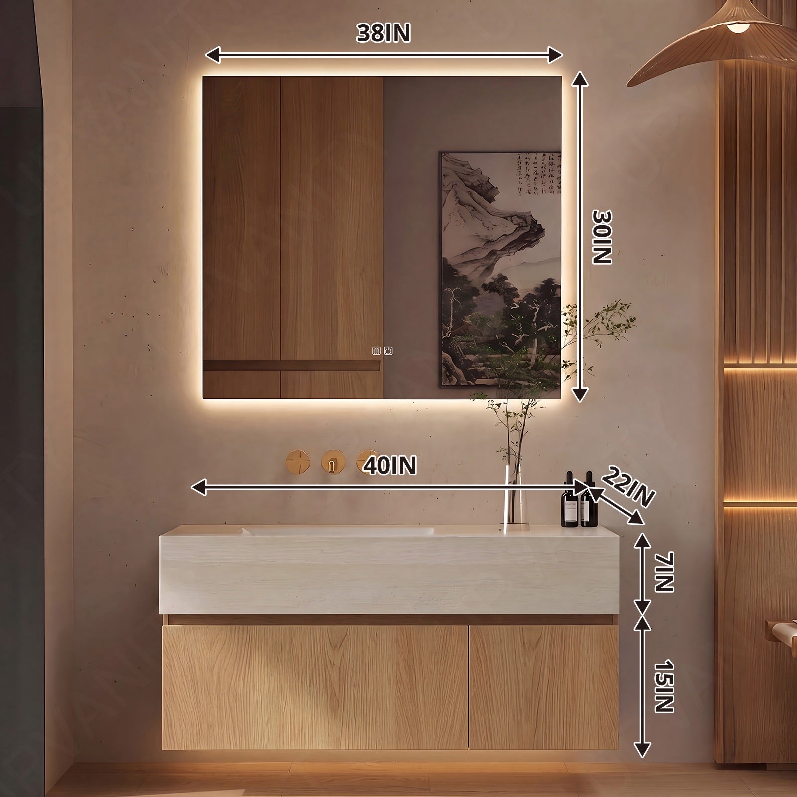 Modern Bath Vanity Set, Natural, Joint Beige Top, 32"-72", Single, Floating, Classic Panel, Smart LED Mirror
