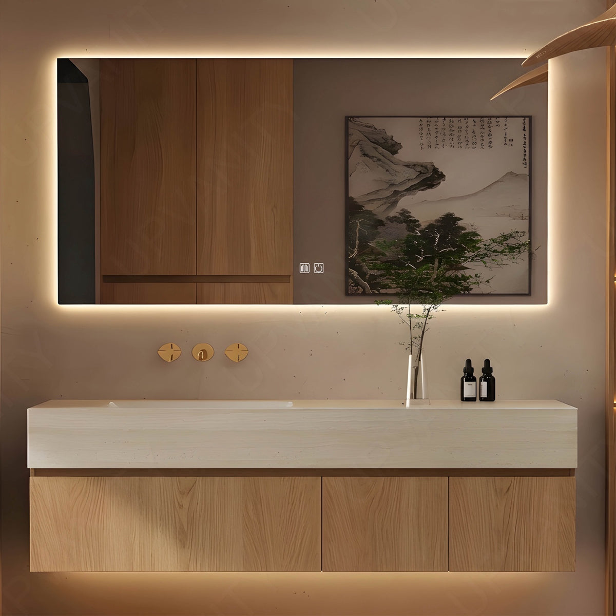 Modern Bath Vanity Set, Natural, Joint Beige Top, 32"-72", Single, Floating, Classic Panel, Smart LED Mirror