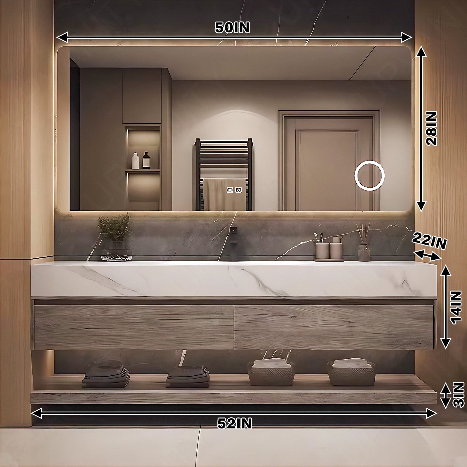 Modern Bath Vanity Set, Natural, Joint White Top, 40"- 64", Single, Floating, Smart LED Mirror