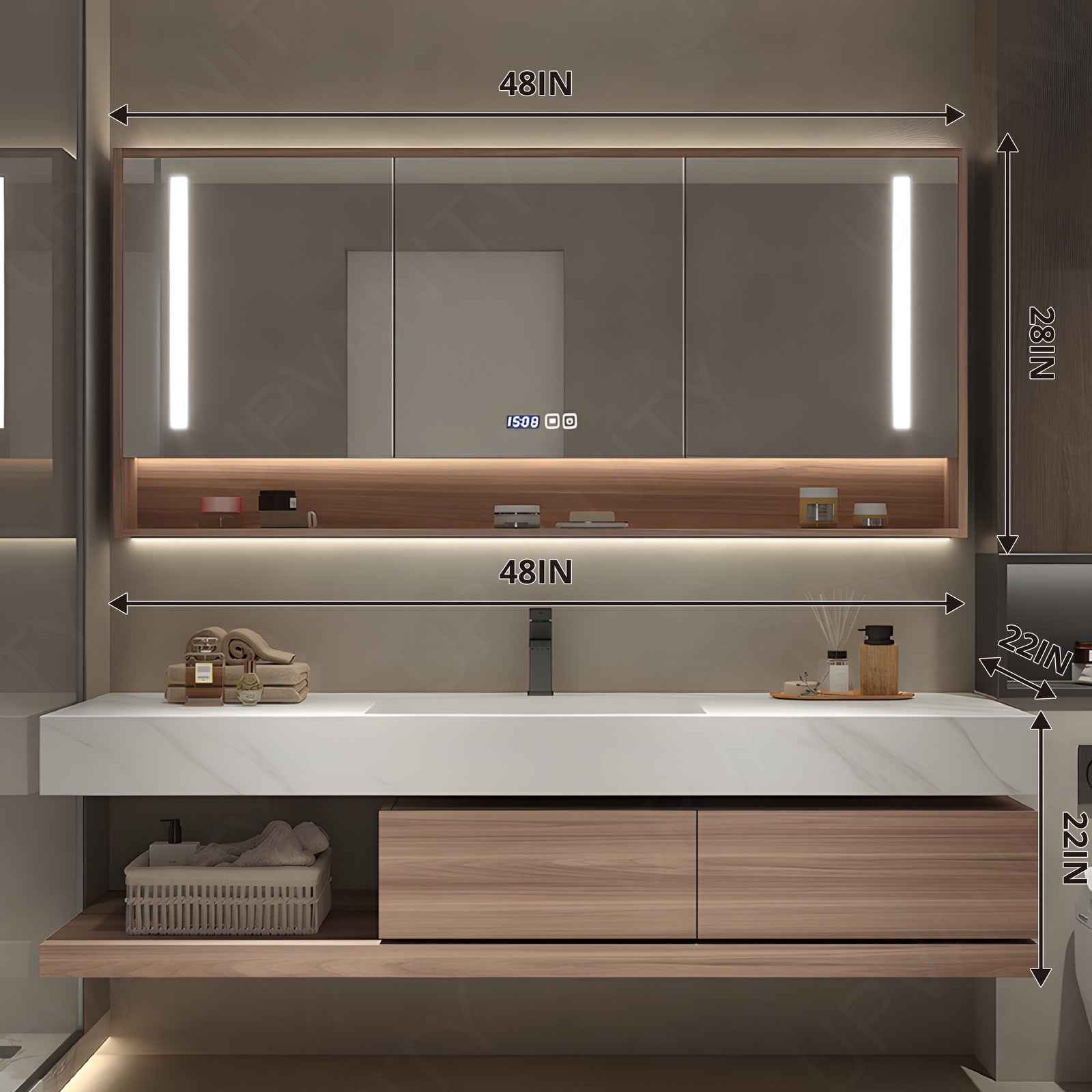 Modern Bath Vanity Set, Natural, Joint White Top, 40"-64", Single, Floating, Smart LED Mirror, Rear Cabinet