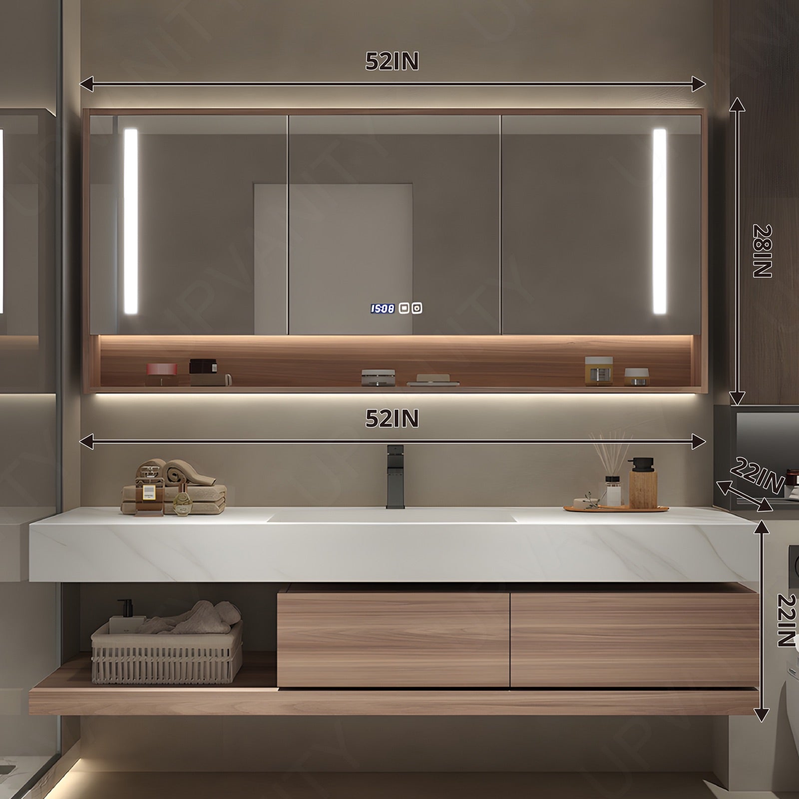 Modern Bath Vanity Set, Natural, Joint White Top, 40"-64", Single, Floating, Smart LED Mirror, Rear Cabinet