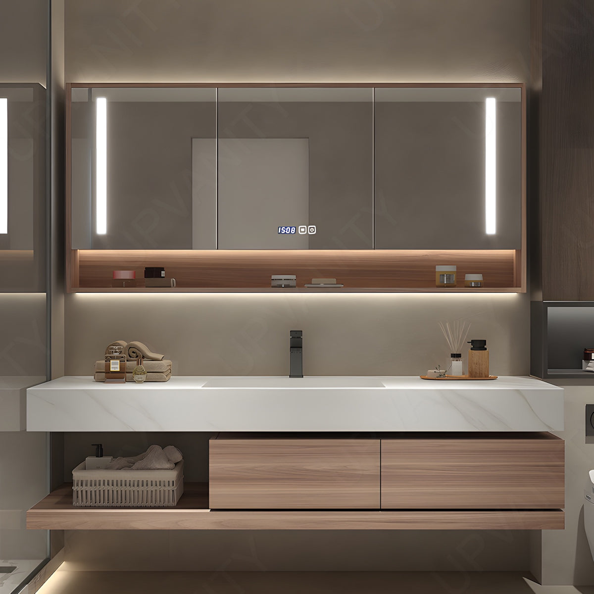 Modern Bath Vanity Set, Natural, Joint White Top, 40"-64", Single, Floating, Smart LED Mirror, Rear Cabinet