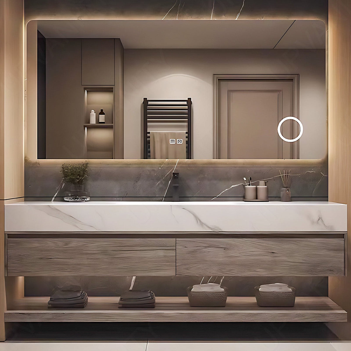 Modern Bath Vanity Set, Natural, Joint White Top, 40"- 64", Single, Floating, Smart LED Mirror