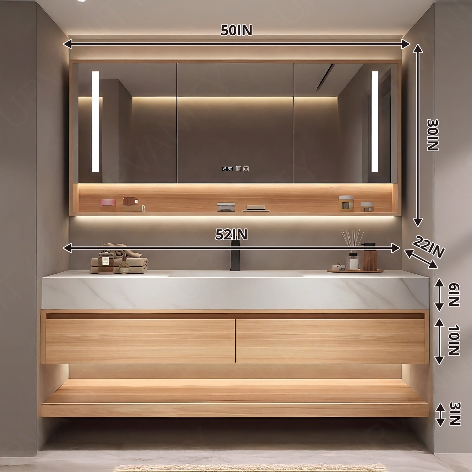 Modern Bath Vanity Set, Natural, Joint White Top, 40"- 72", Single, Floating, Smart LED Mirror, Rear Cabinet