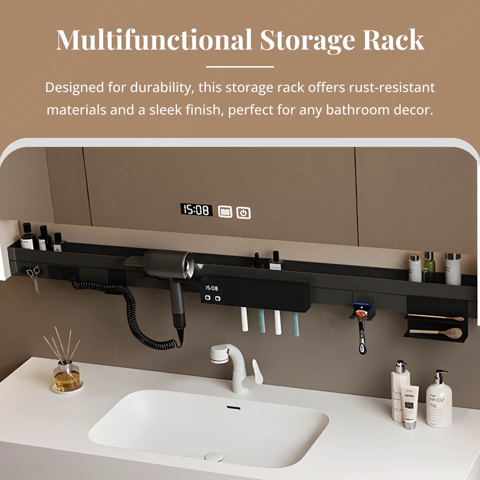 Modern Bath Vanity Set, Natural, Joint White Top, 40"- 72", Single, Floating, Smart LED Mirror, Rear Cabinet, Storage Rack