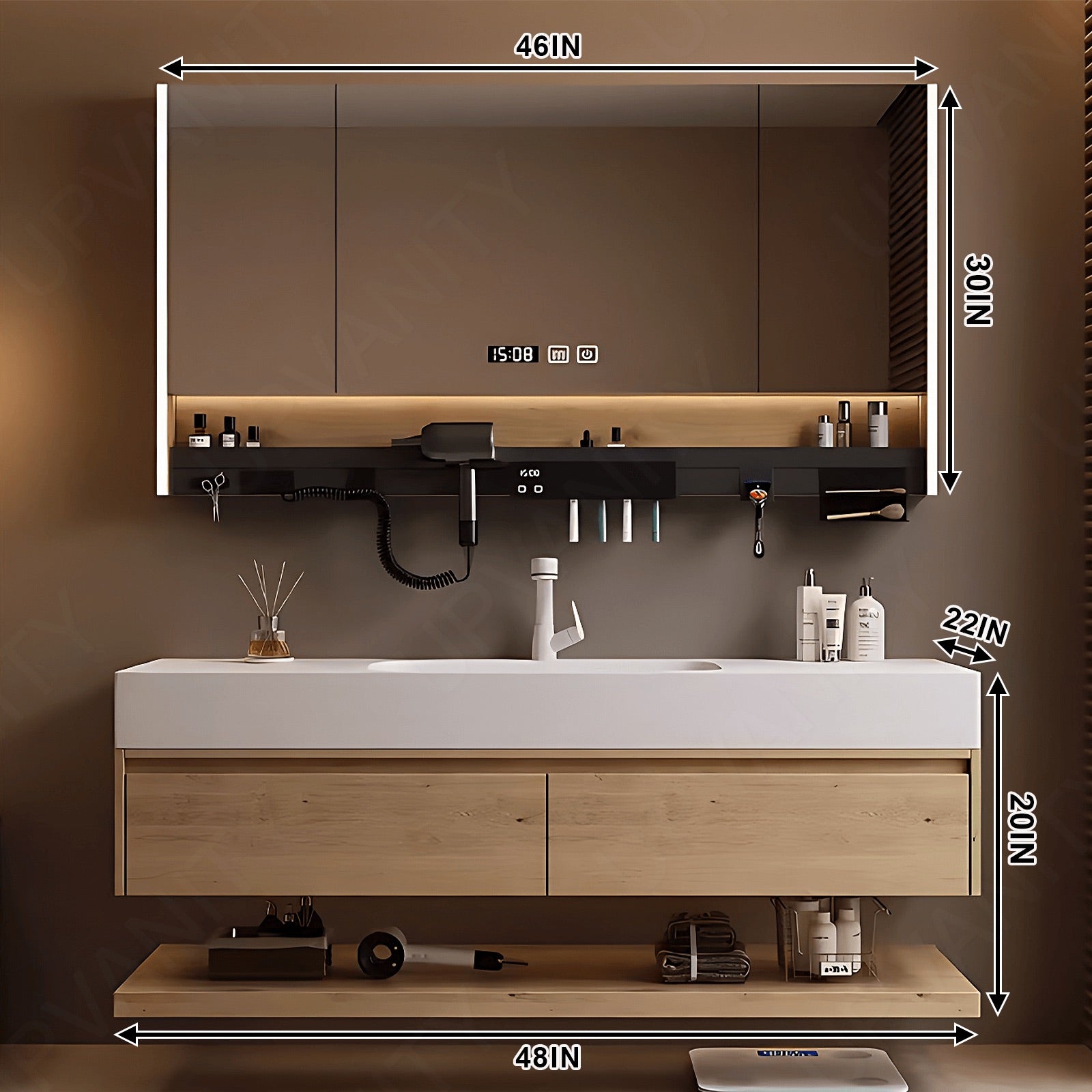 Modern Bath Vanity Set, Natural, Joint White Top, 40"- 72", Single, Floating, Smart LED Mirror, Rear Cabinet, Storage Rack