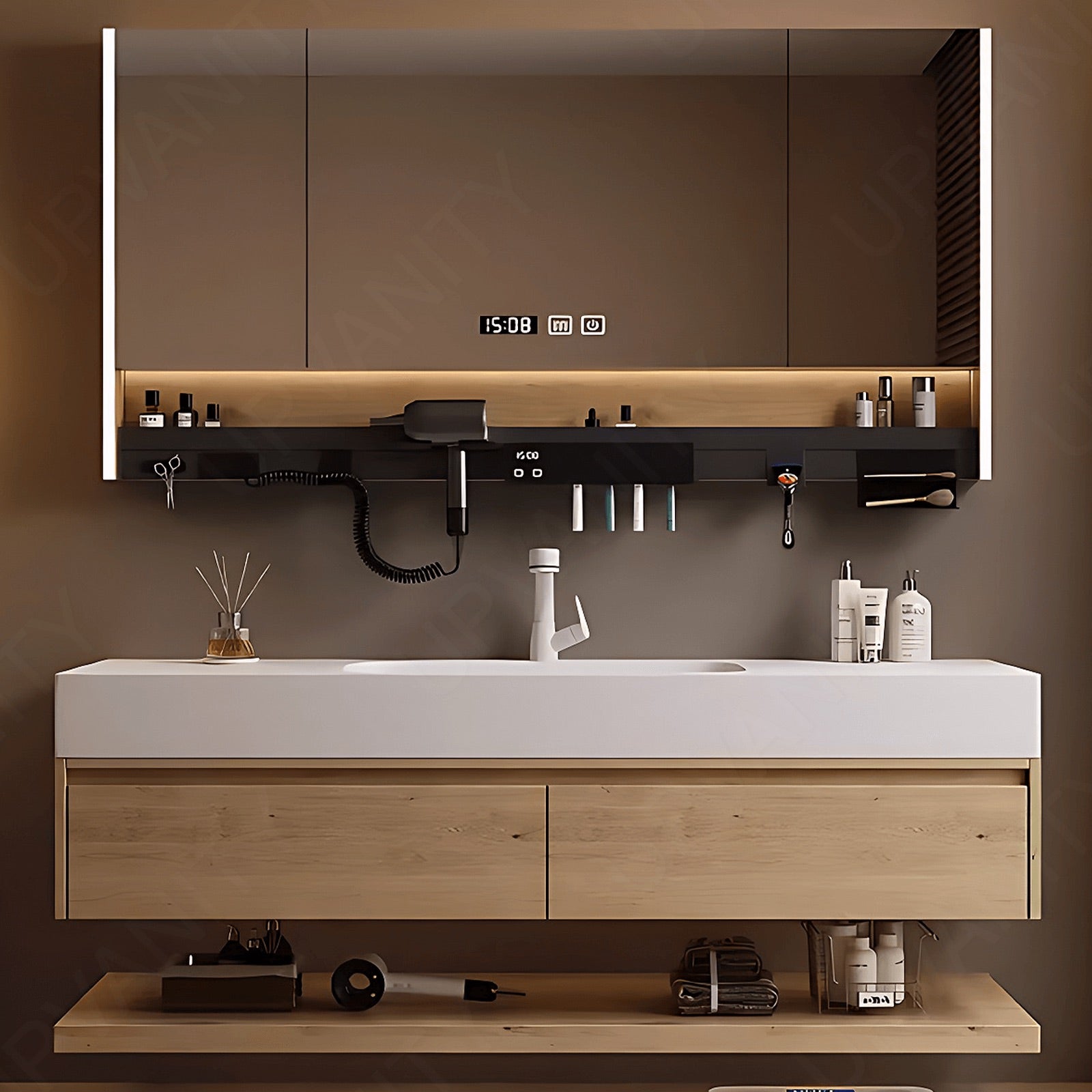 Modern Bath Vanity Set, Natural, Joint White Top, 40"- 72", Single, Floating, Smart LED Mirror, Rear Cabinet, Storage Rack