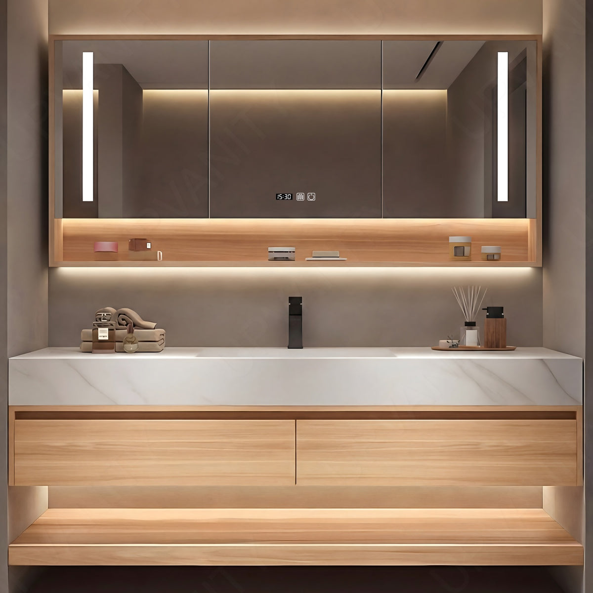 Modern Bath Vanity Set, Natural, Joint White Top, 40"- 72", Single, Floating, Smart LED Mirror, Rear Cabinet