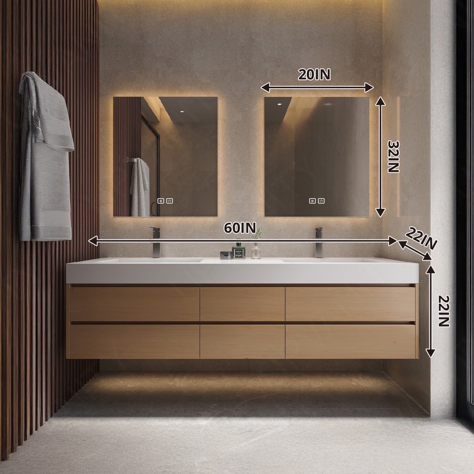 Modern Bath Vanity Set, Natural, Joint White Top, 56"-78", Double, Floating, Sectional Storage, Dual Smart LED Mirror