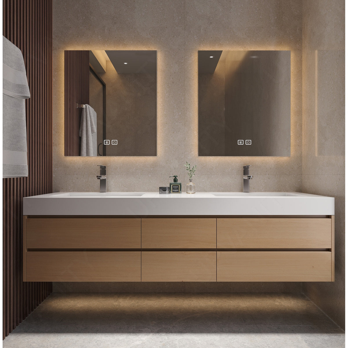 Modern Bath Vanity Set, Natural, Joint White Top, 56"-78", Double, Floating, Sectional Storage, Dual Smart LED Mirror
