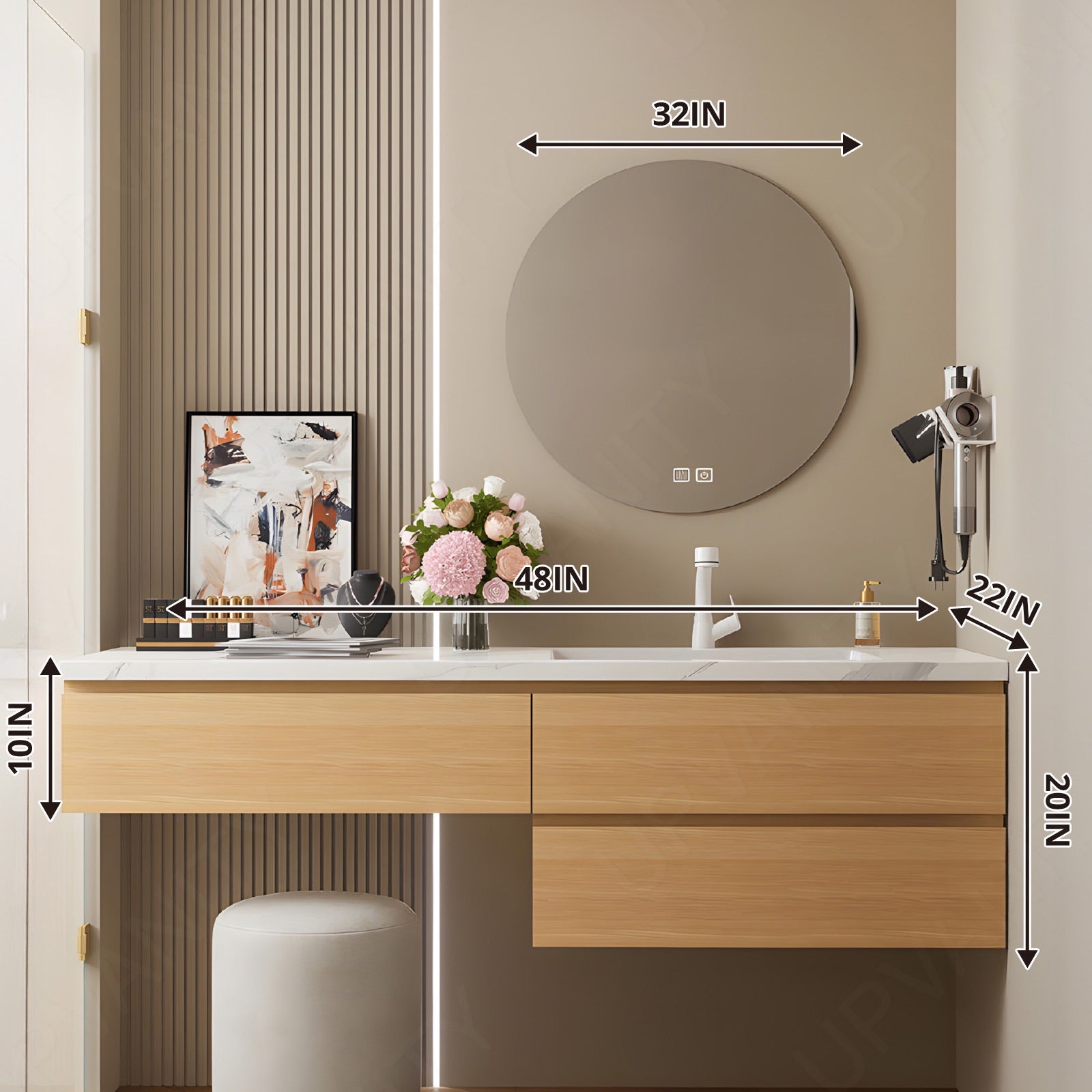 Modern  Bath Vanity Set, Natural, Makeup Table, 40"-60", Single, Floating, Round Smart LED Mirror
