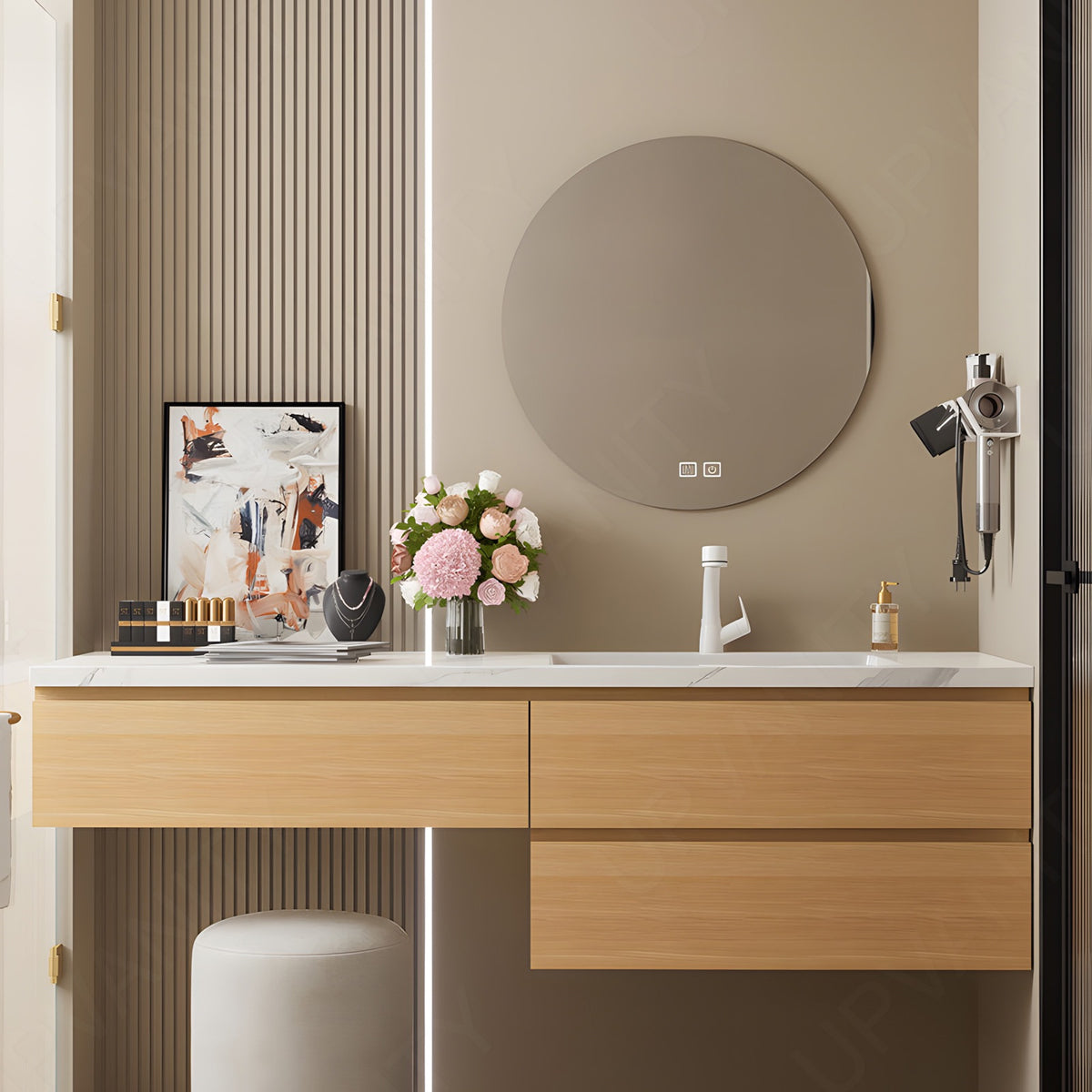 Modern  Bath Vanity Set, Natural, Makeup Table, 40"-60", Single, Floating, Round Smart LED Mirror