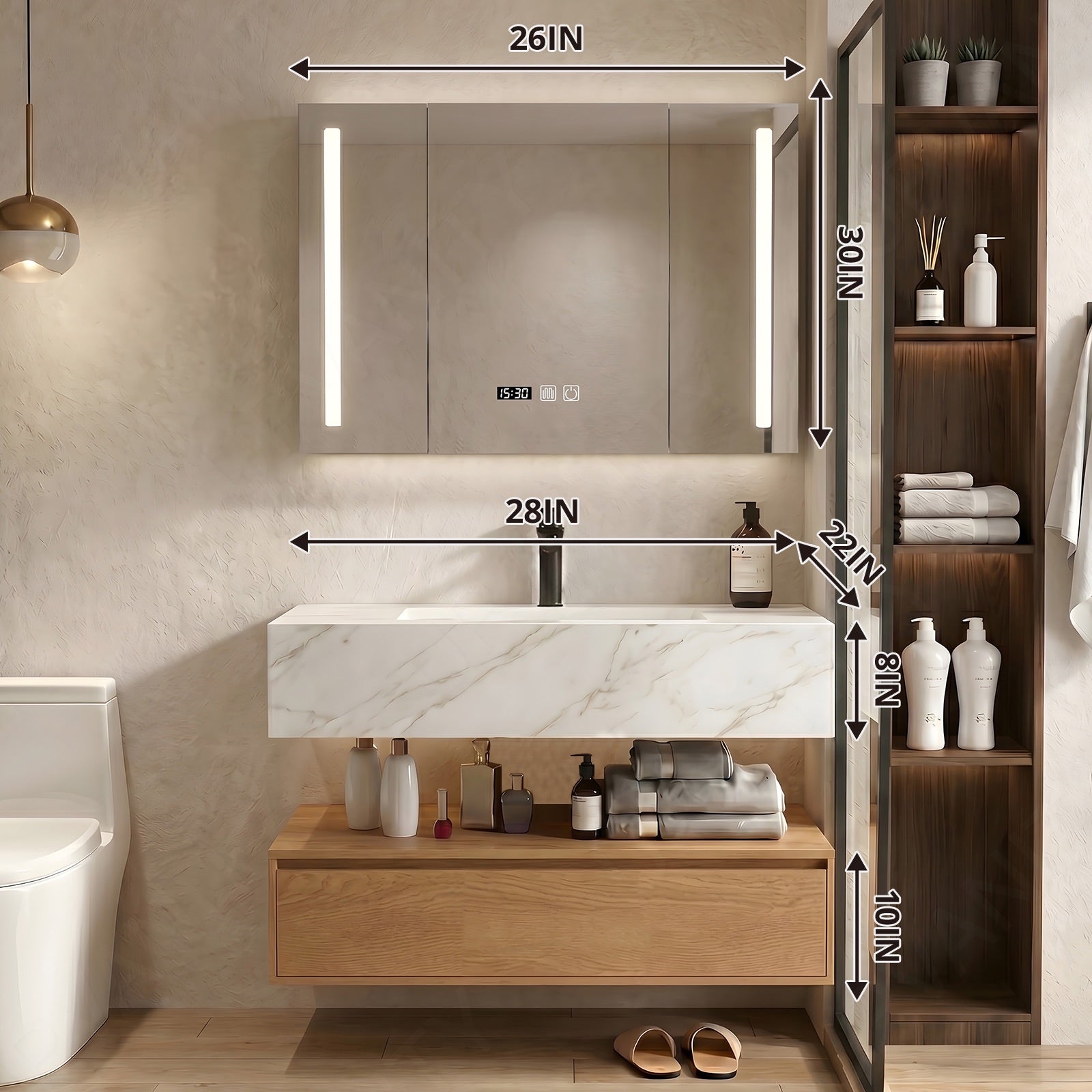 Modern Bath Vanity Set, Natural, Marble Textured Top, 28"- 48", Single, Floating, Smart LED Mirror, Rear Cabinet