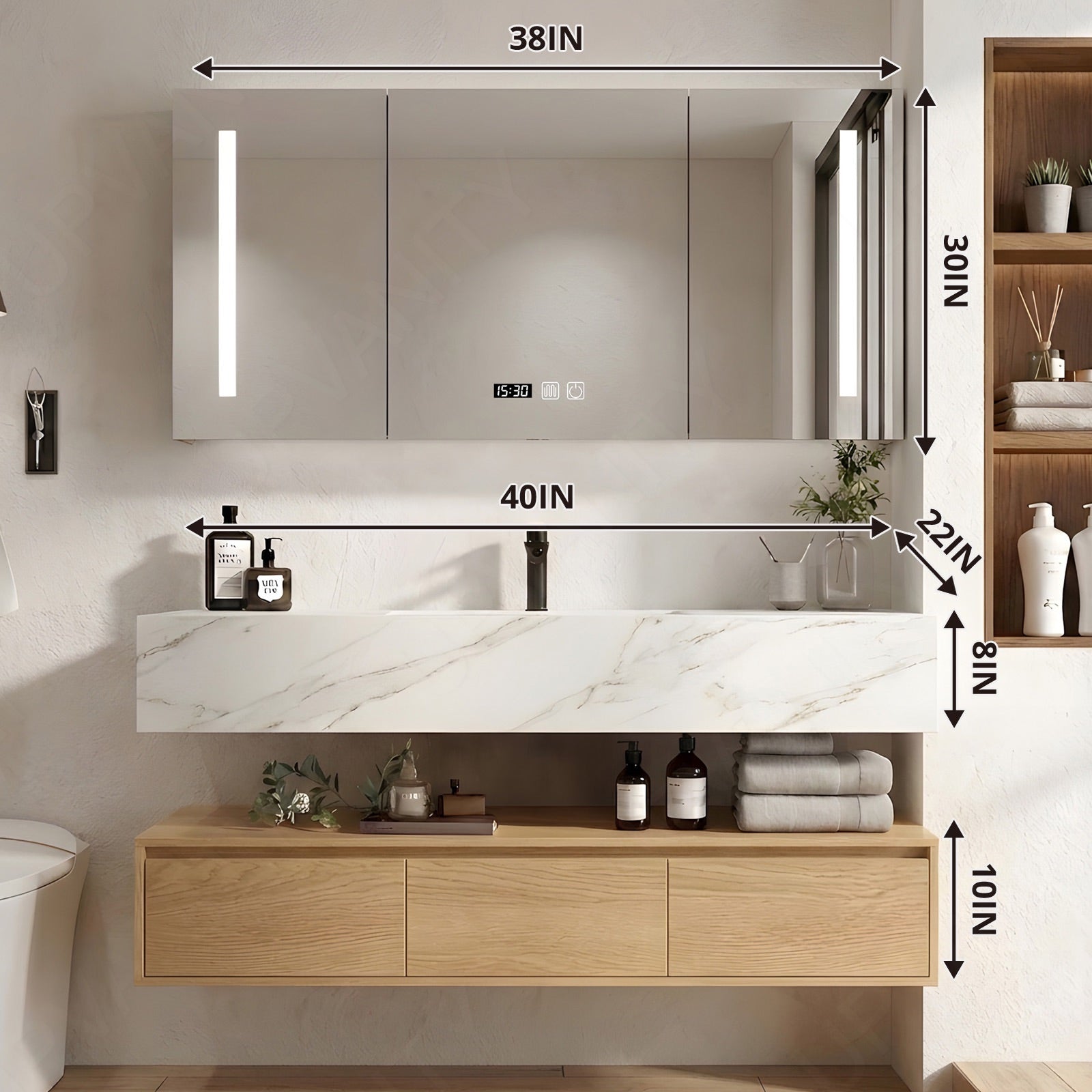 Modern Bath Vanity Set, Natural, Marble Textured Top, 28"- 48", Single, Floating, Smart LED Mirror, Rear Cabinet
