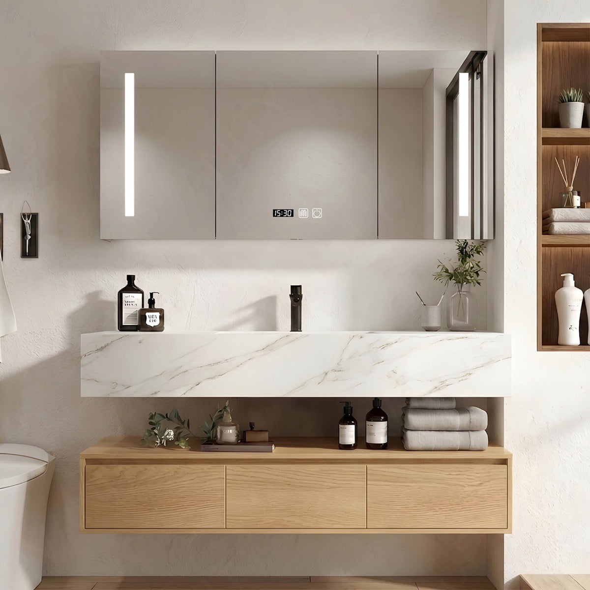 Modern Bath Vanity Set, Natural, Marble Textured Top, 28"- 48", Single, Floating, Smart LED Mirror, Rear Cabinet