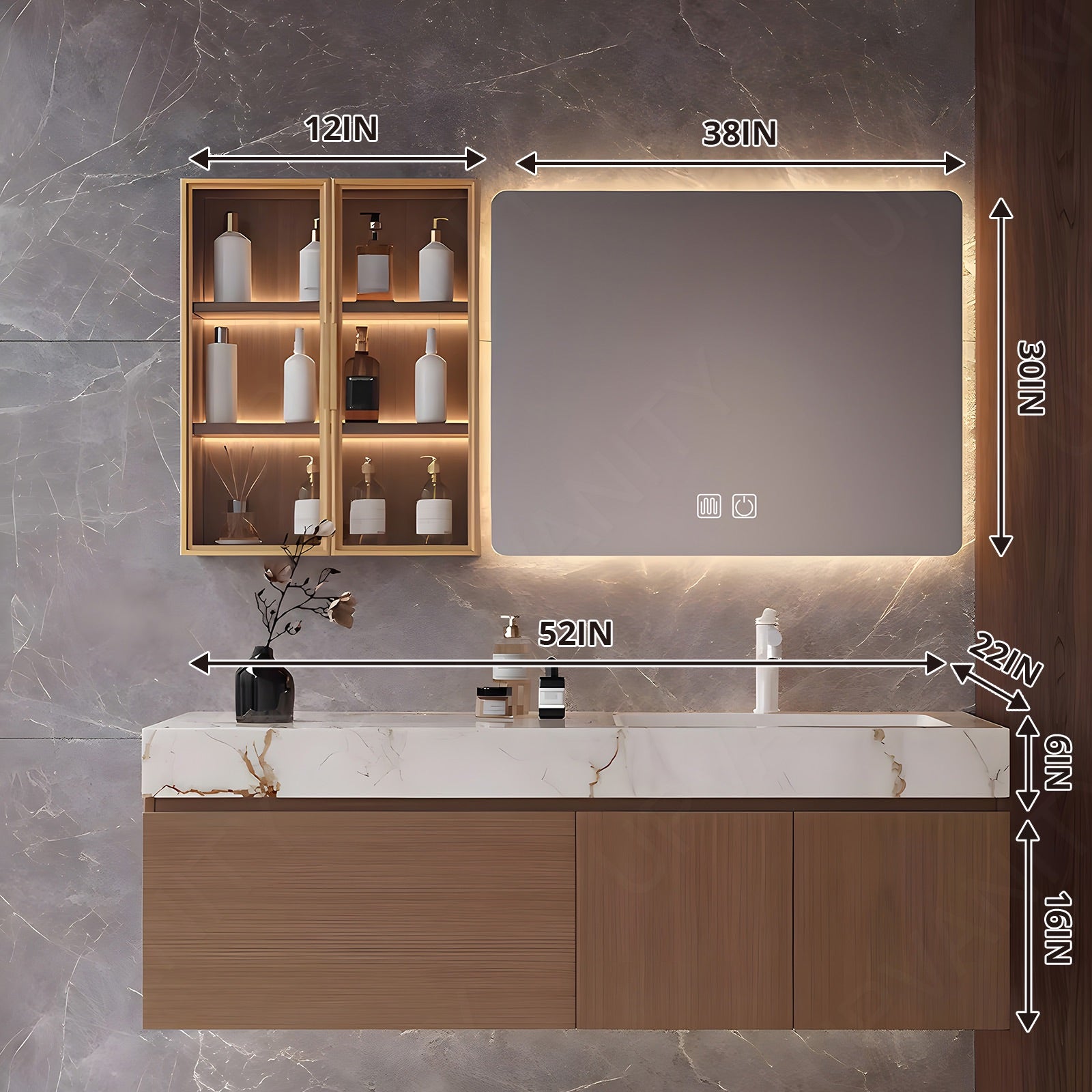 Modern Bath Vanity Set, Natural, Marble Textured Top, 40"-56", Single, Floating, Smart LED Mirror, Side Cabinet