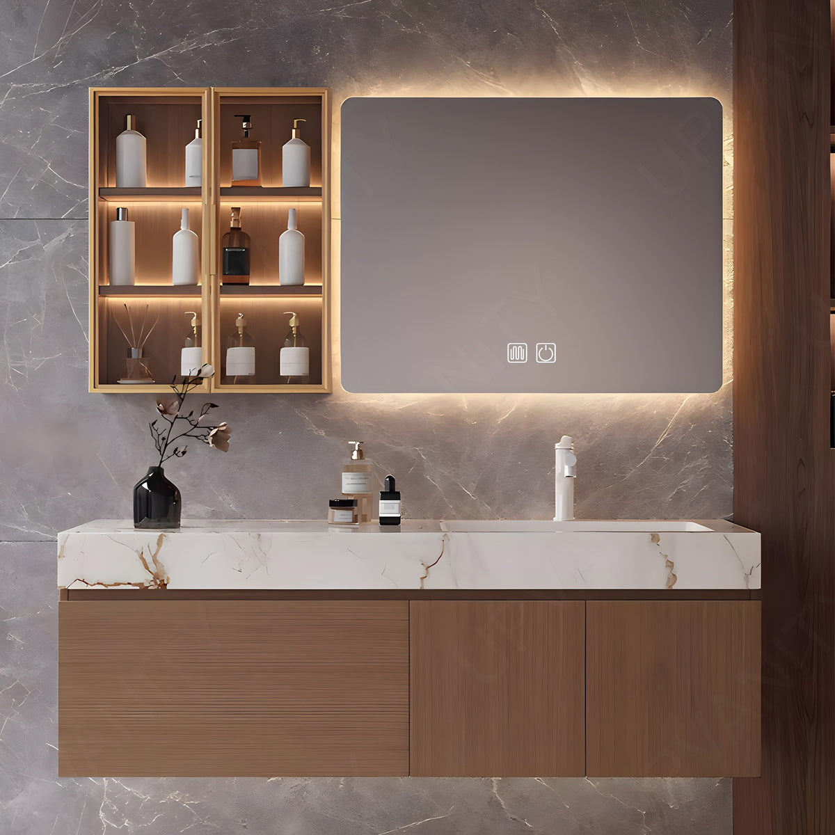 Modern Bath Vanity Set, Natural, Marble Textured Top, 40"-56", Single, Floating, Smart LED Mirror, Side Cabinet