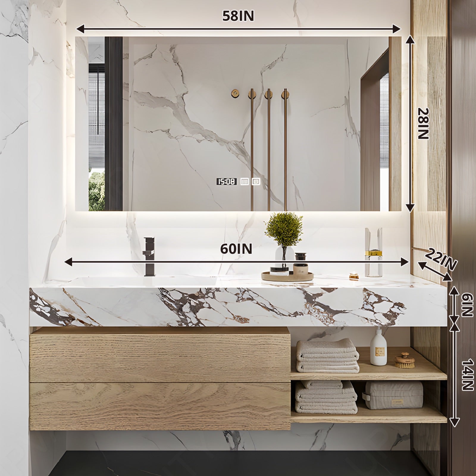 Modern Bath Vanity Set, Natural, Marble Textured Top, 40"- 64", Single, Floating, Smart LED Mirror