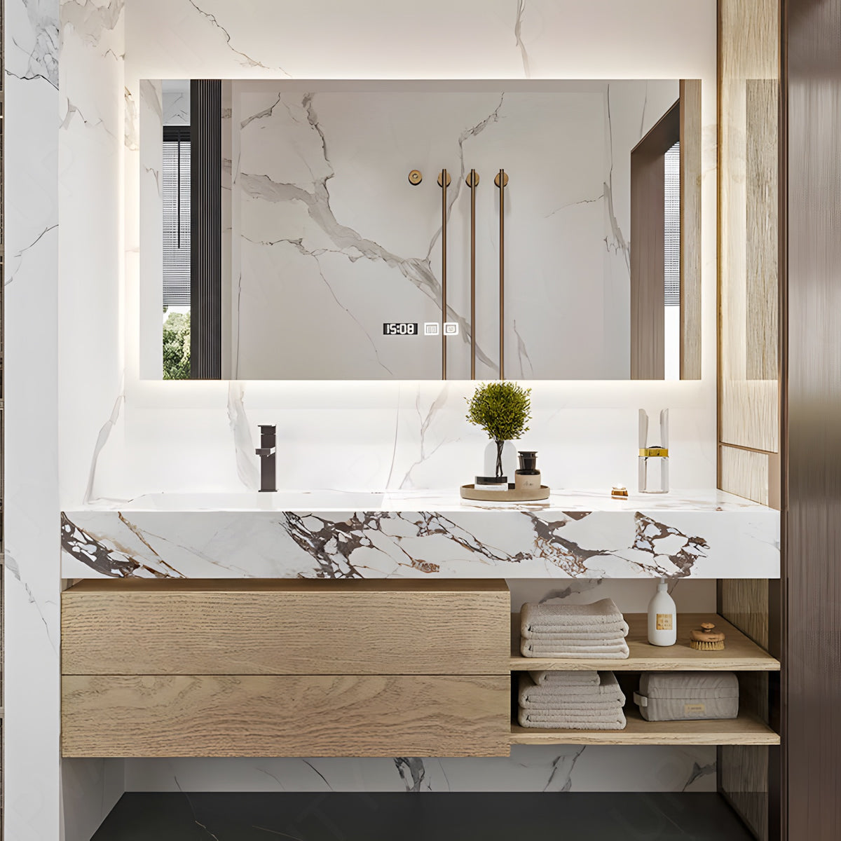 Modern Bath Vanity Set, Natural, Marble Textured Top, 40"- 64", Single, Floating, Smart LED Mirror