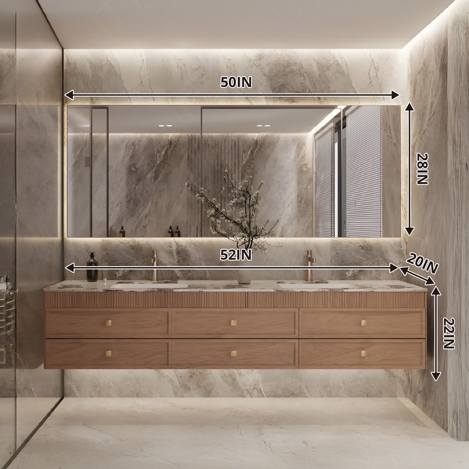 Modern Bath Vanity Set, Natural, Marble Textured Top, 52"-78", Double, Floating, Striped Panel, Smart LED Mirror