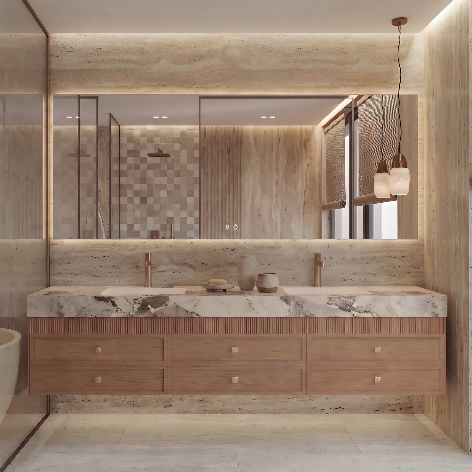 Modern Bath Vanity Set, Natural, Marble Textured Top, 52"-78", Double, Floating, Striped Panel, Smart LED Mirror