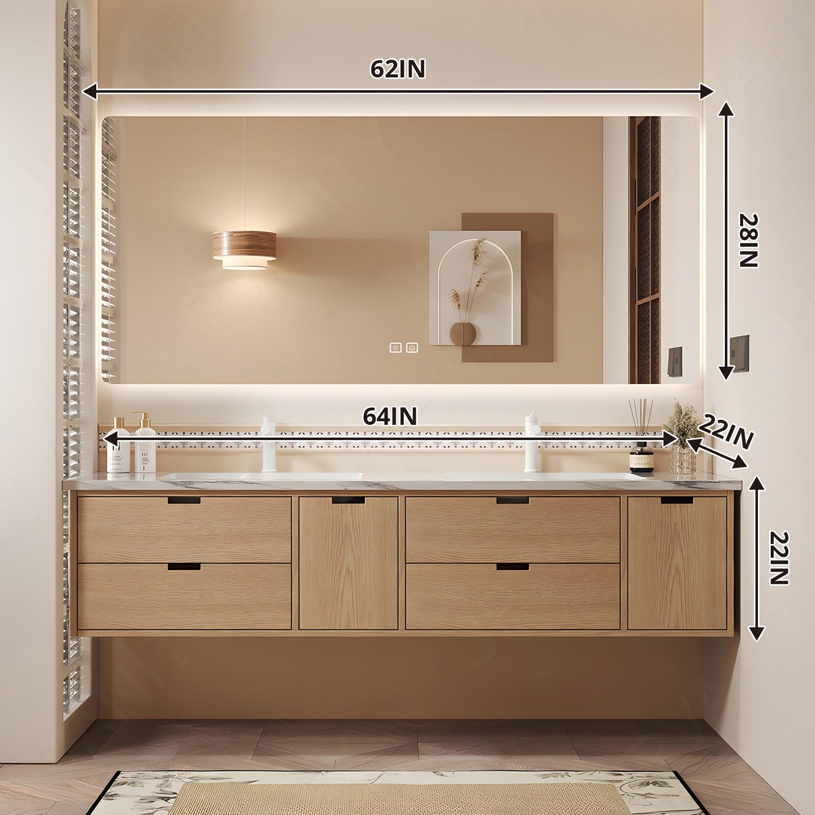 Modern Bath Vanity Set, Natural, Marble Textured Top, 56"-78", Double, Floating, Sectional Storage, Smart LED Mirror, Rear Cabinet