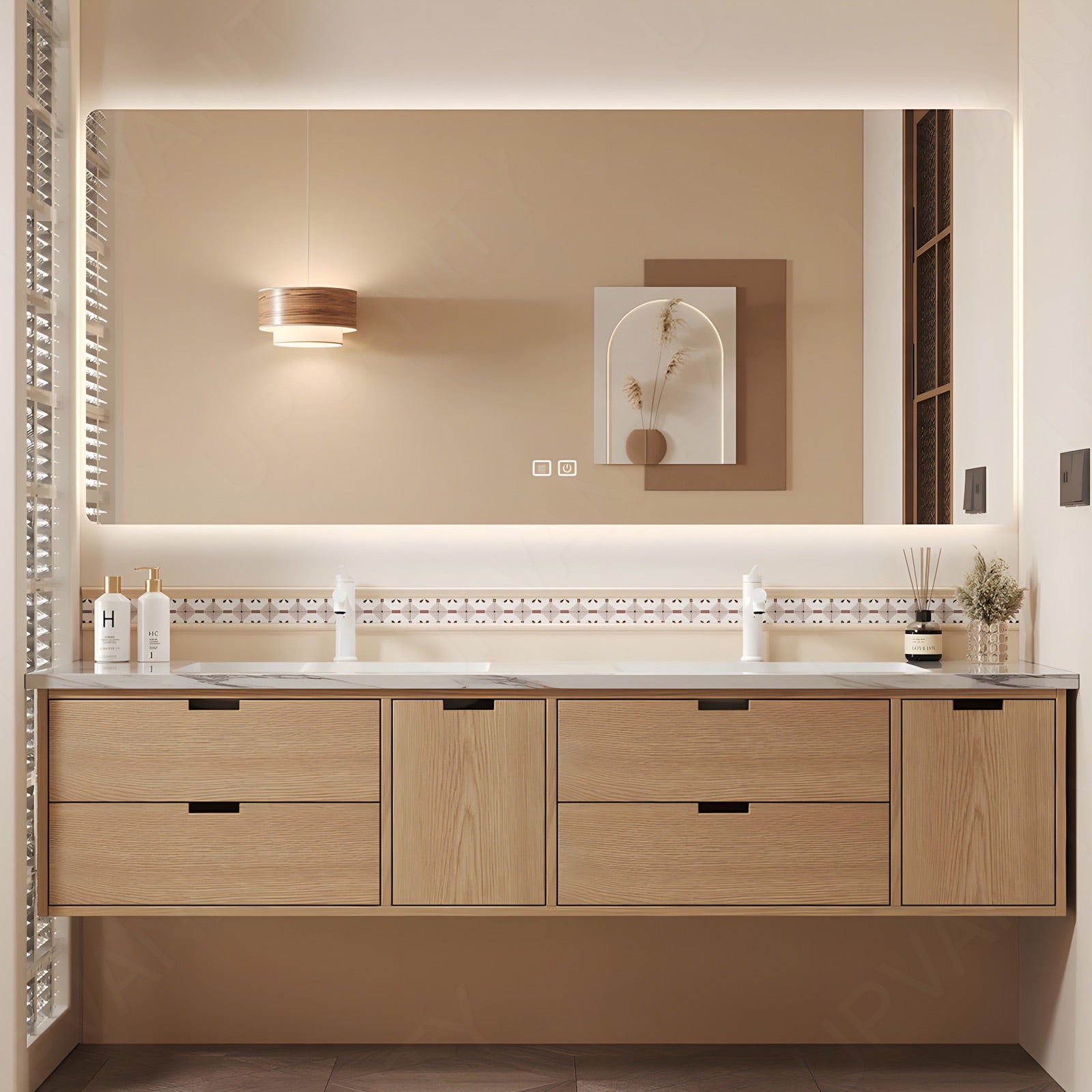Modern Bath Vanity Set, Natural, Marble Textured Top, 56"-78", Double, Floating, Sectional Storage, Smart LED Mirror, Rear Cabinet